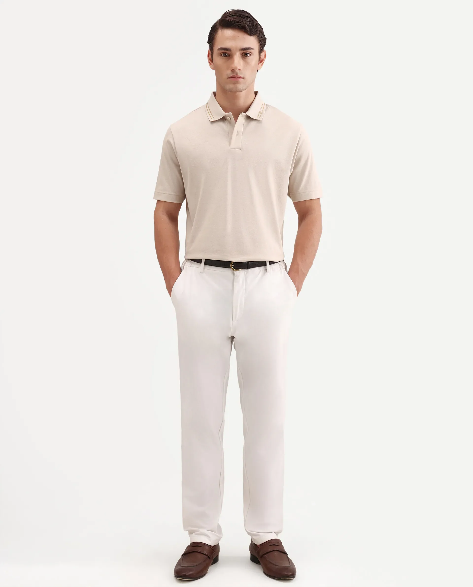 Rare Rabbit Men's Zirn Light Beige Cotton Fabric Half Sleeve Spread Collar Regular Fit Plain Polo - Image 2