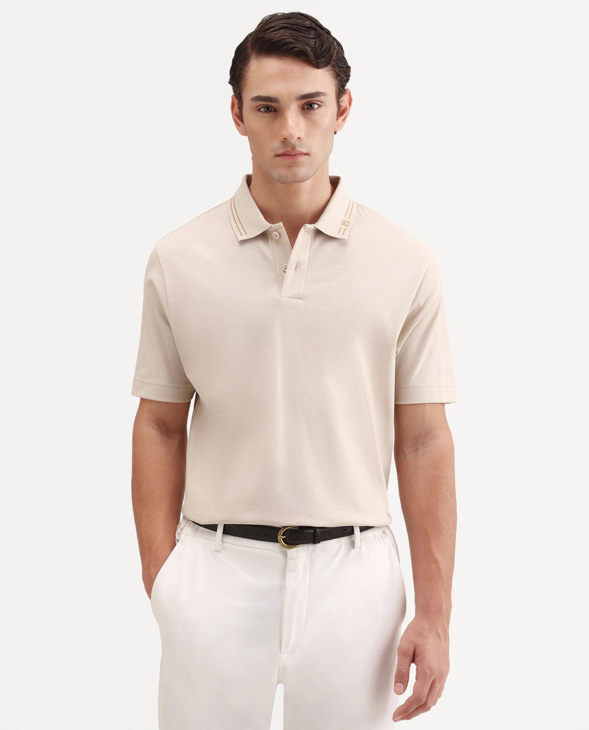 Rare Rabbit Men's Zirn Light Beige Cotton Fabric Half Sleeve Spread Collar Regular Fit Plain Polo - Image 3
