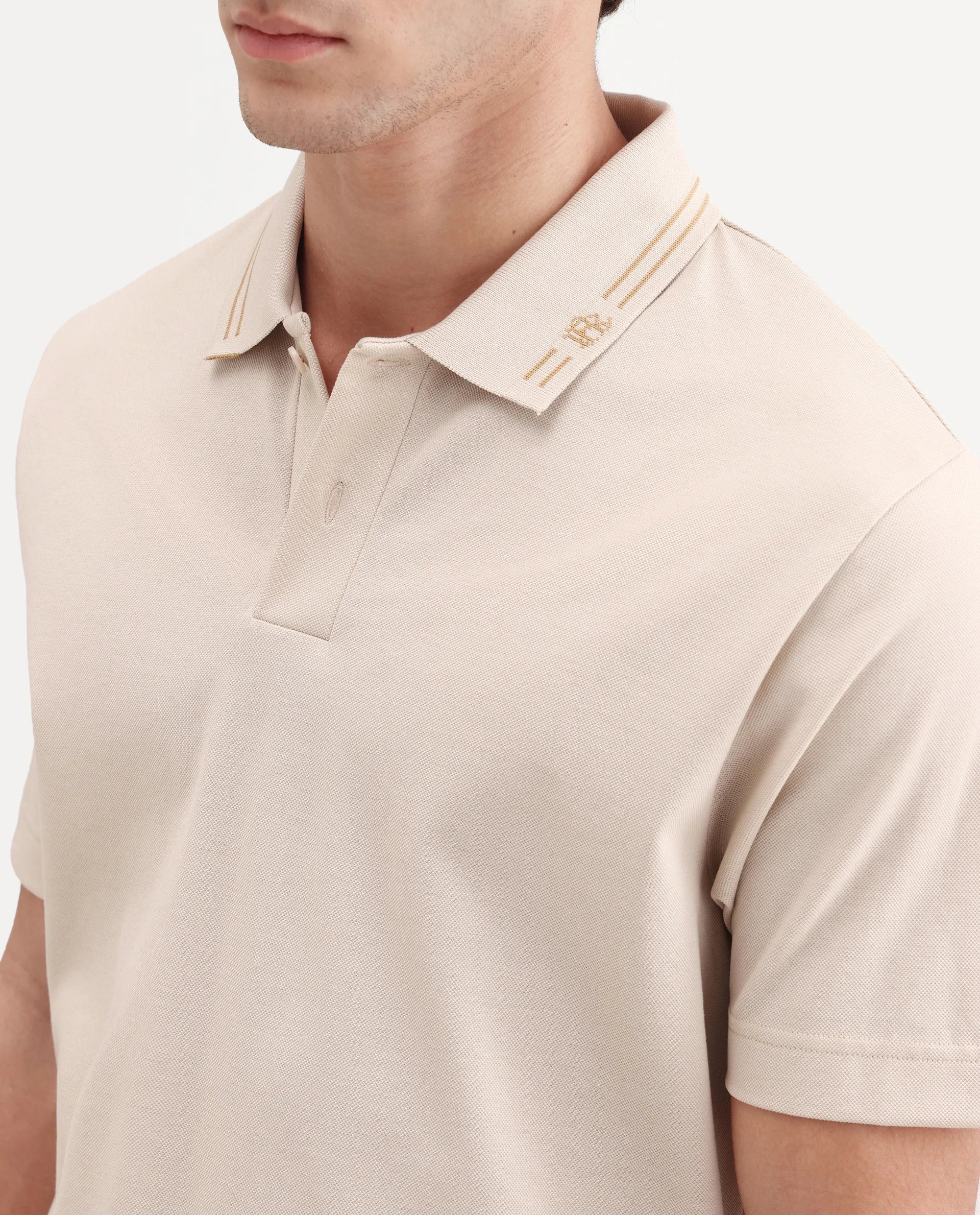 Rare Rabbit Men's Zirn Light Beige Cotton Fabric Half Sleeve Spread Collar Regular Fit Plain Polo - Image 4