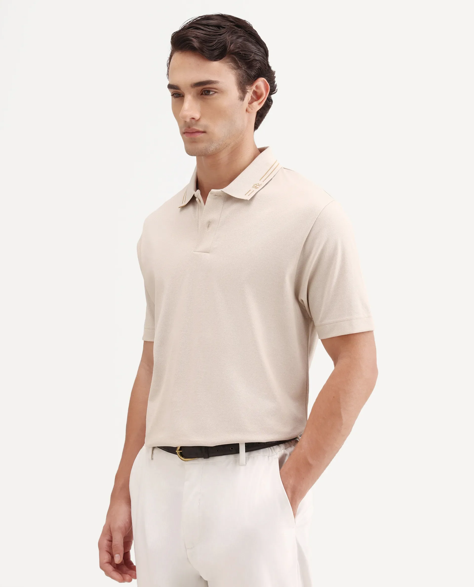 Rare Rabbit Men's Zirn Light Beige Cotton Fabric Half Sleeve Spread Collar Regular Fit Plain Polo - Image 5