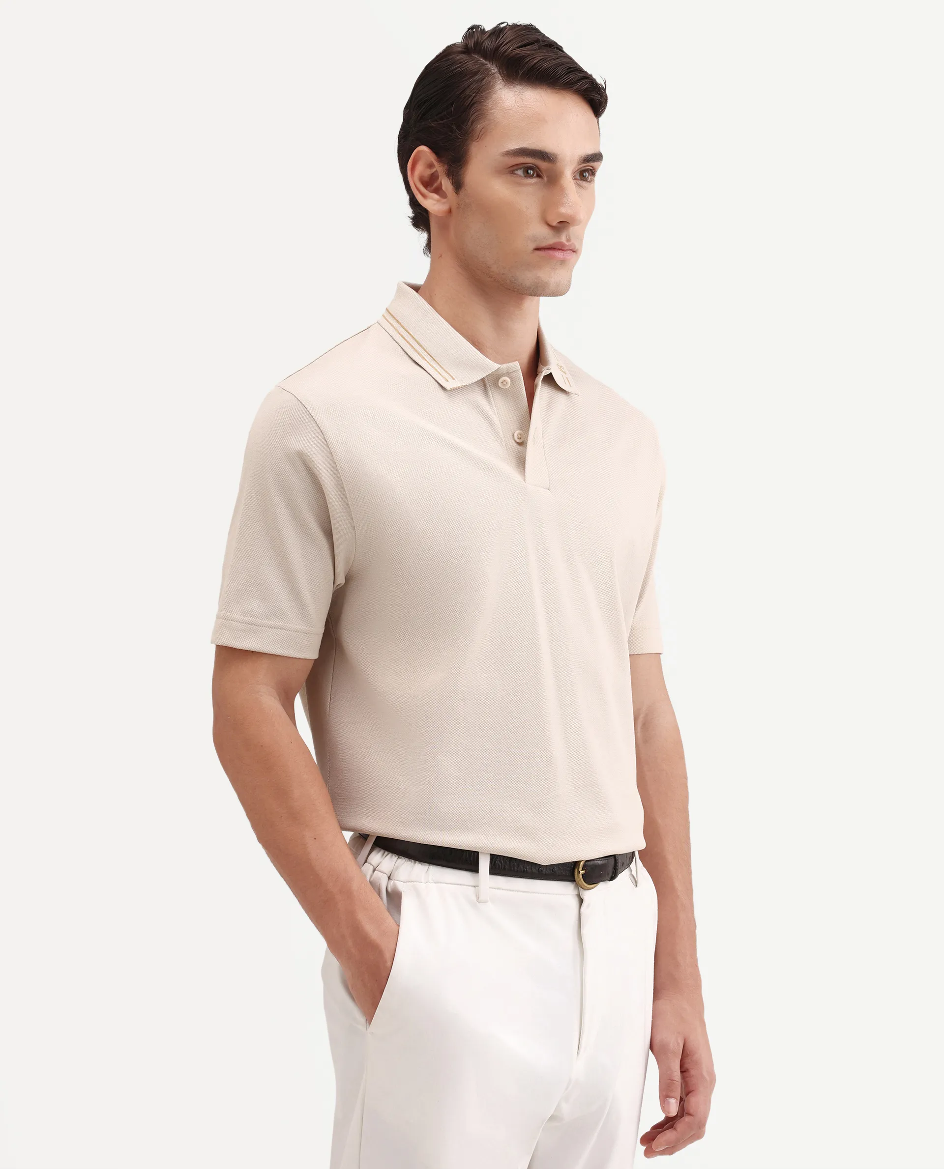 Rare Rabbit Men's Zirn Light Beige Cotton Fabric Half Sleeve Spread Collar Regular Fit Plain Polo - Image 6