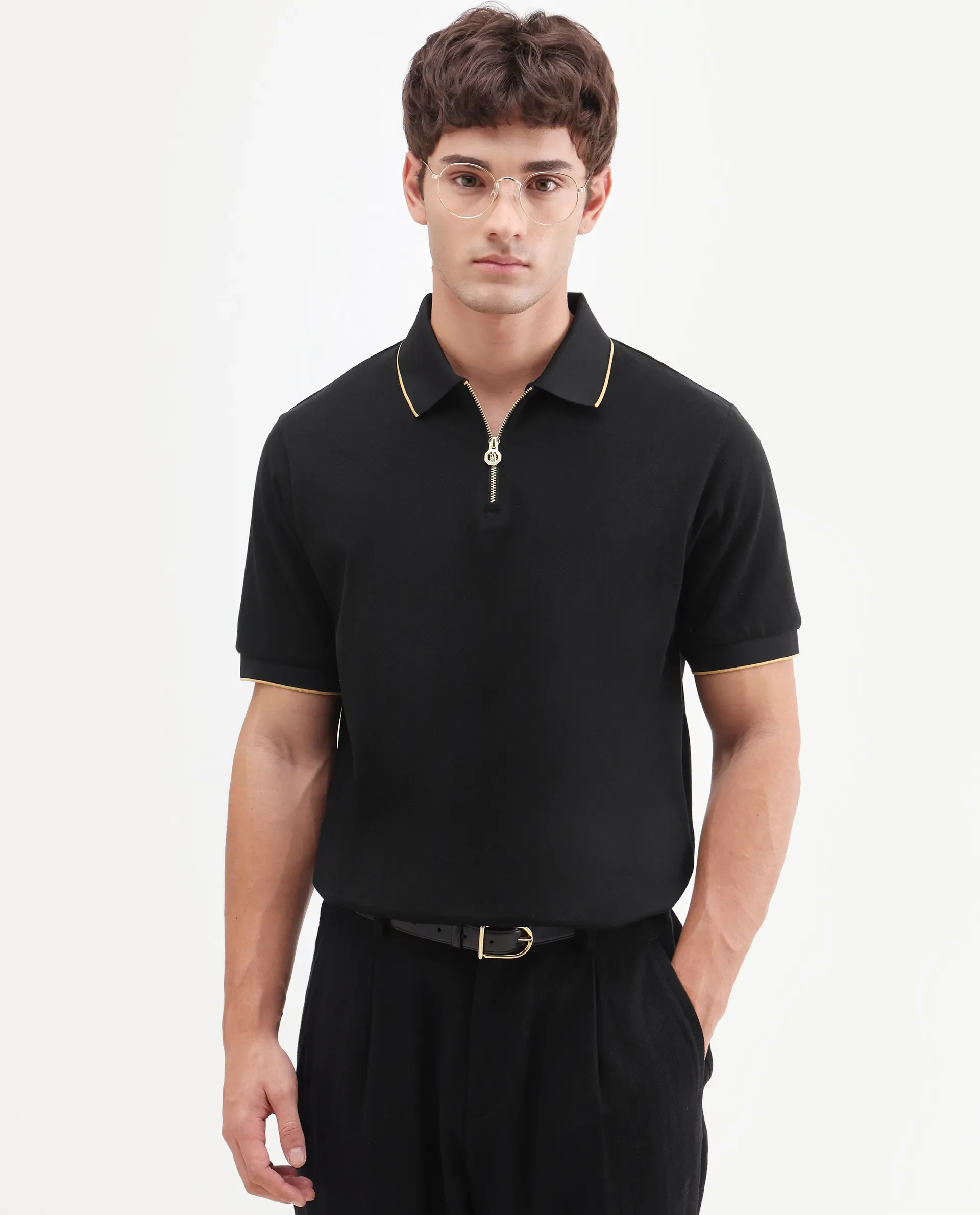 Rare Rabbit Men's Zirno Black Cotton Fabric Half Sleeve Spread Collar Regular Fit Plain Polo