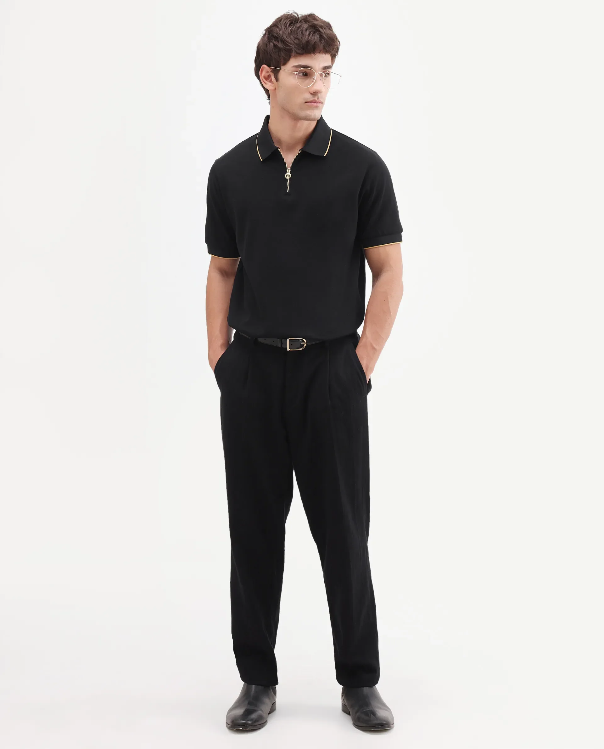 Rare Rabbit Men's Zirno Black Cotton Fabric Half Sleeve Spread Collar Regular Fit Plain Polo - Image 2