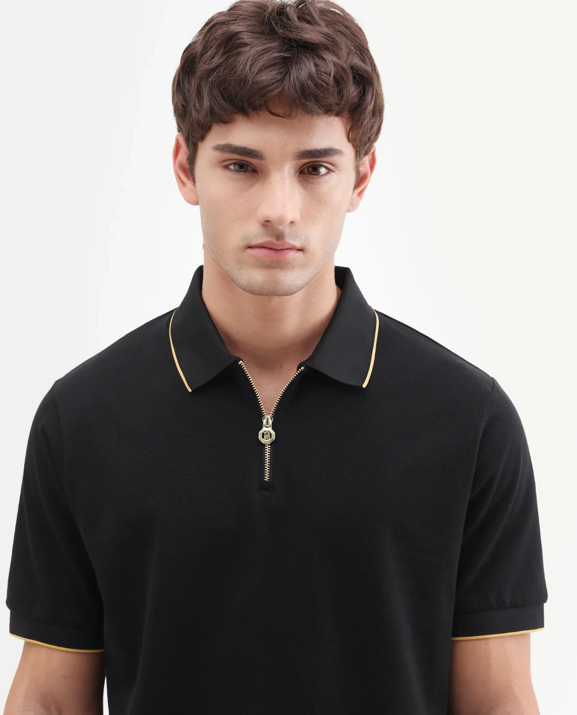 Rare Rabbit Men's Zirno Black Cotton Fabric Half Sleeve Spread Collar Regular Fit Plain Polo - Image 3