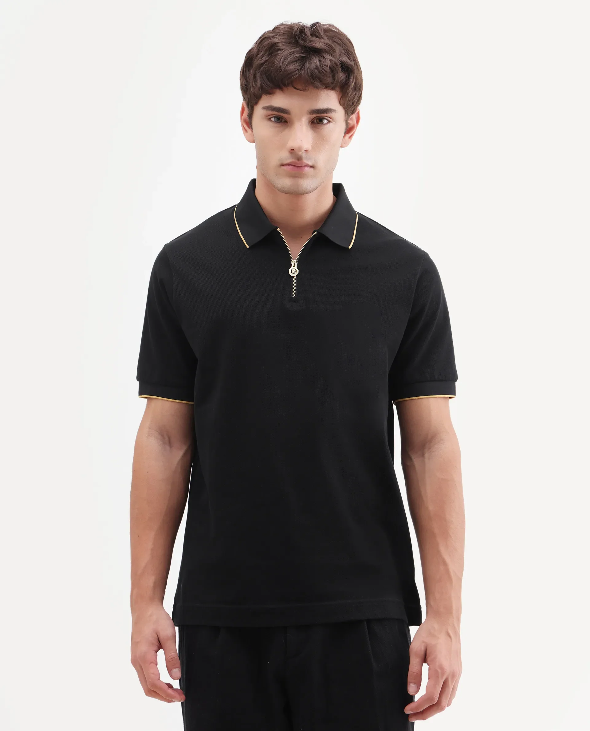 Rare Rabbit Men's Zirno Black Cotton Fabric Half Sleeve Spread Collar Regular Fit Plain Polo - Image 4