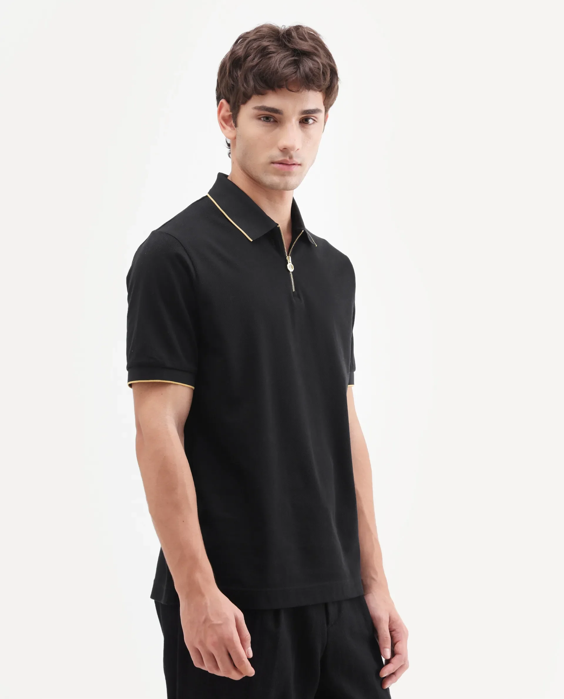 Rare Rabbit Men's Zirno Black Cotton Fabric Half Sleeve Spread Collar Regular Fit Plain Polo - Image 5