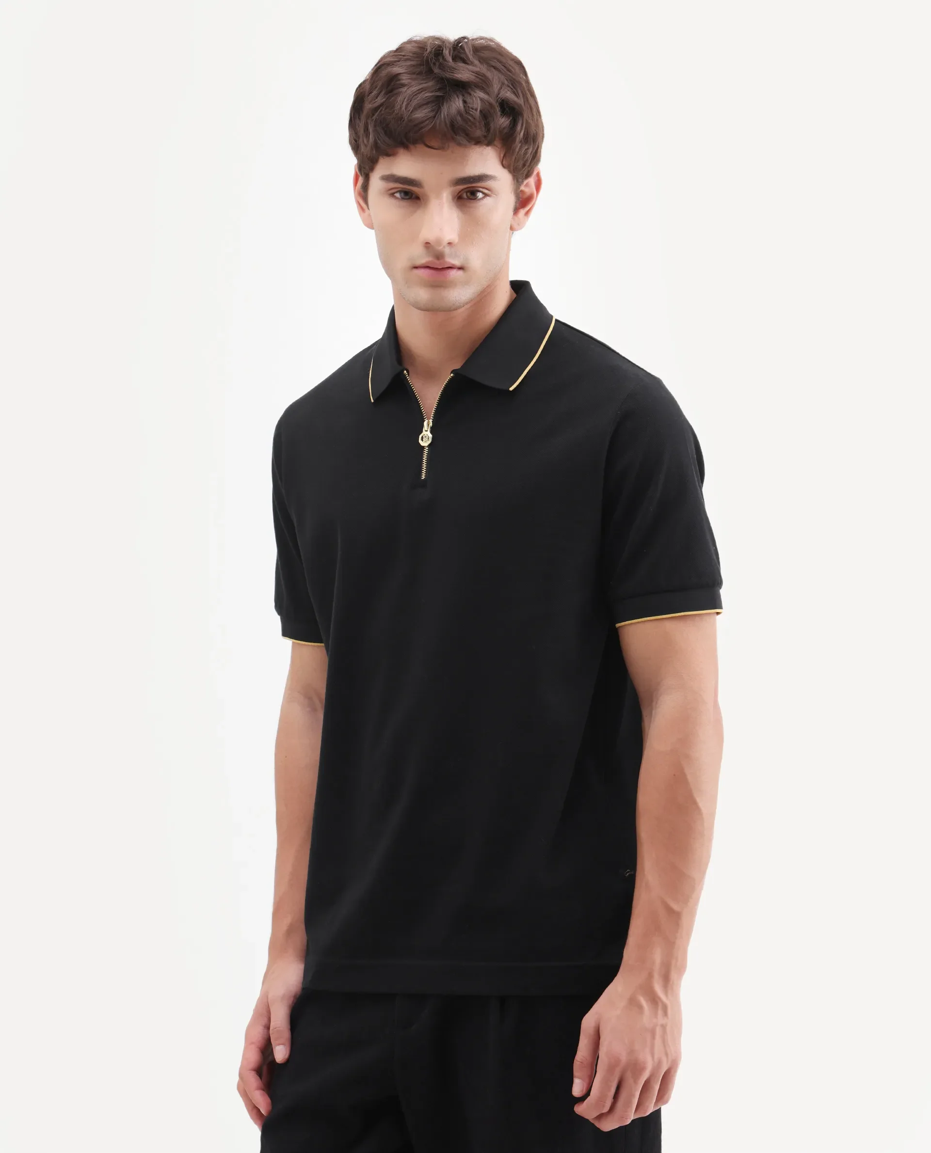 Rare Rabbit Men's Zirno Black Cotton Fabric Half Sleeve Spread Collar Regular Fit Plain Polo - Image 6