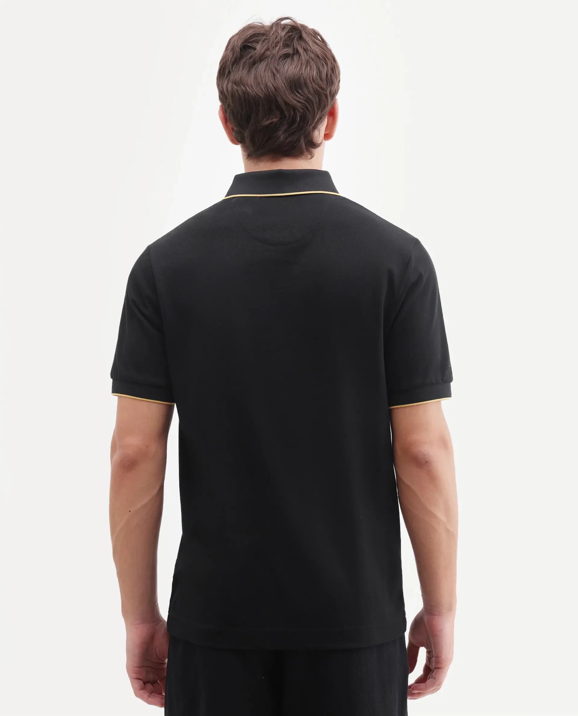 Rare Rabbit Men's Zirno Black Cotton Fabric Half Sleeve Spread Collar Regular Fit Plain Polo - Image 7