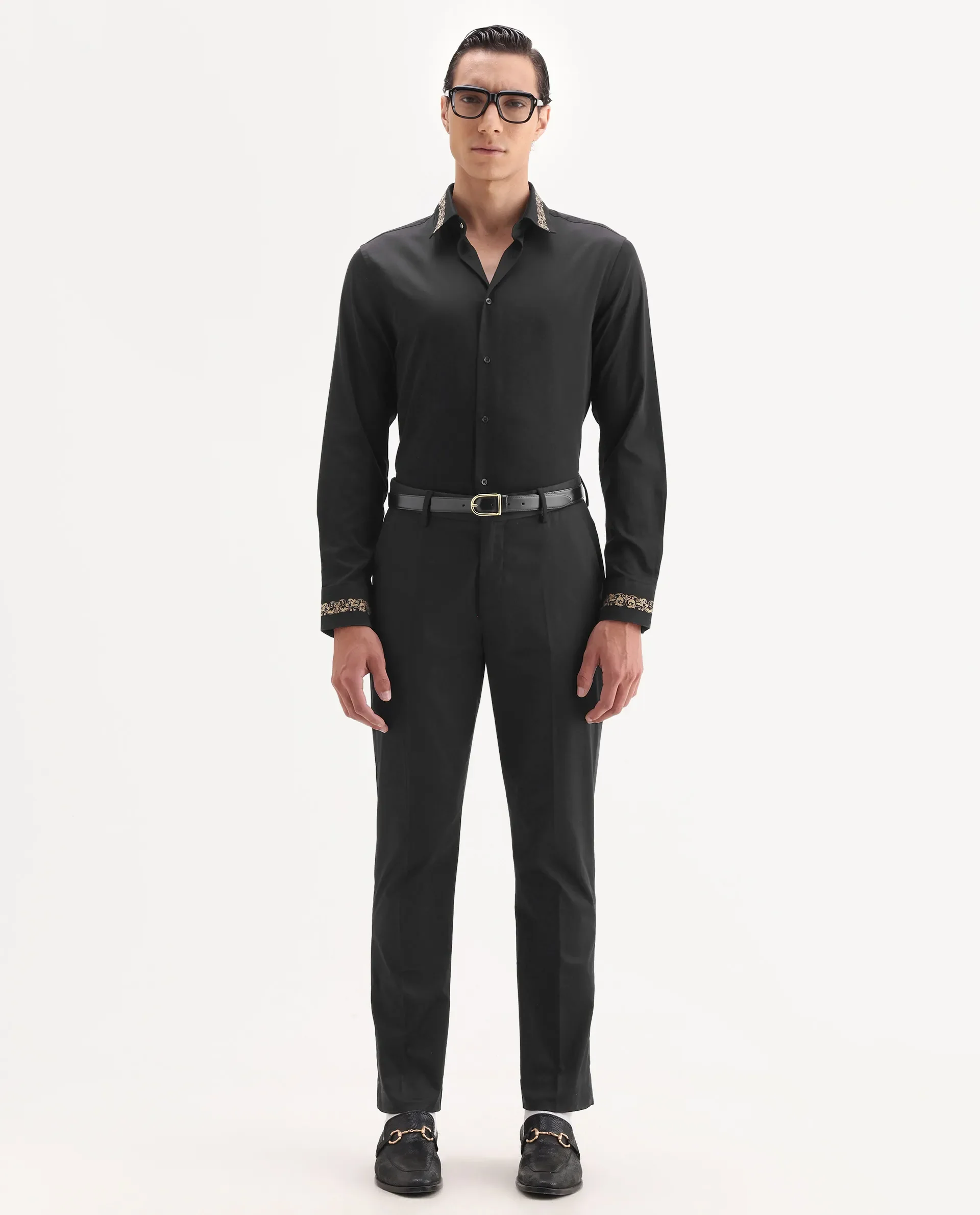 Rare Rabbit Men's Ziro Black Cotton Fabric Full Sleeve Collared Neck Jacquard Shirt - Image 2