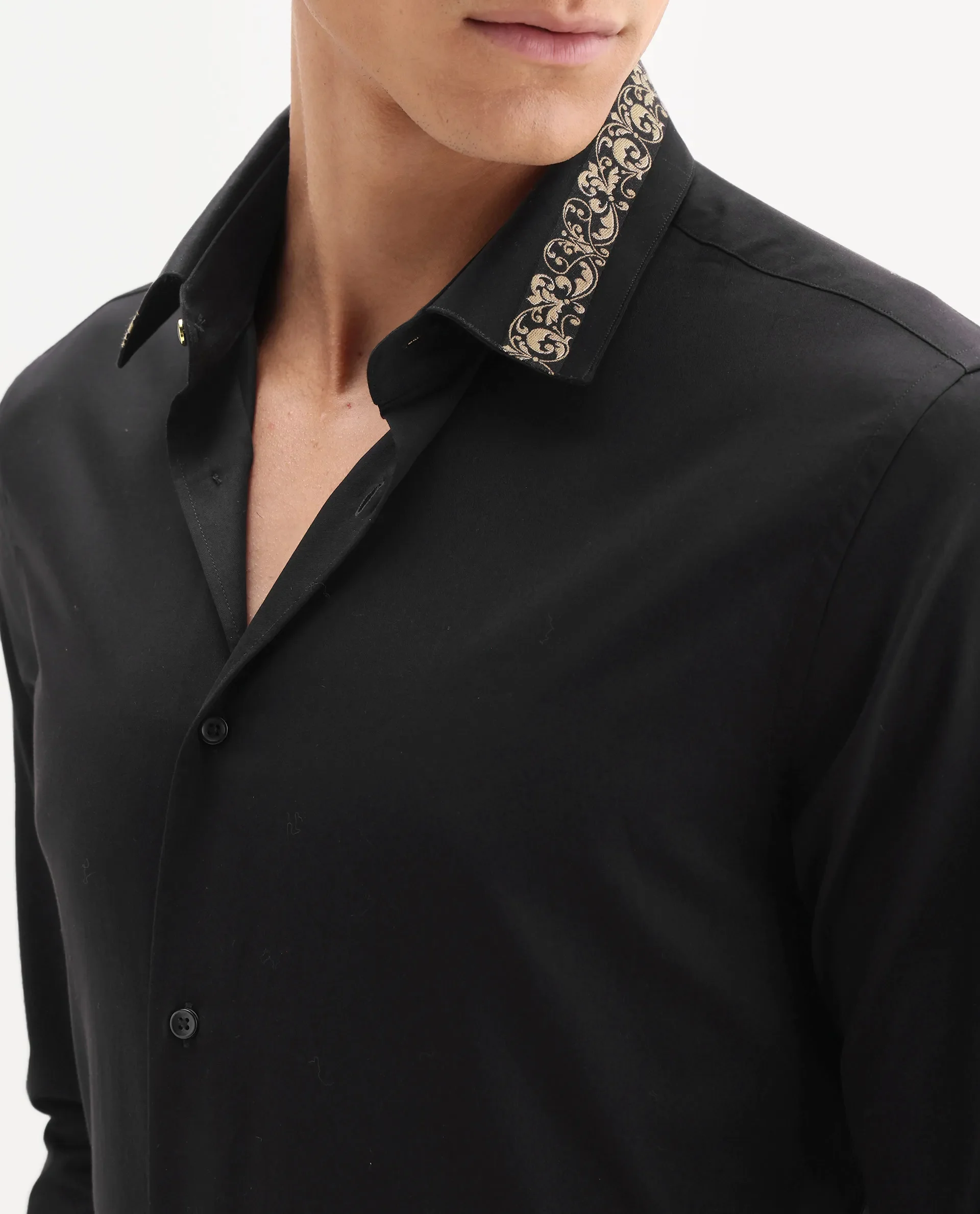 Rare Rabbit Men's Ziro Black Cotton Fabric Full Sleeve Collared Neck Jacquard Shirt - Image 3