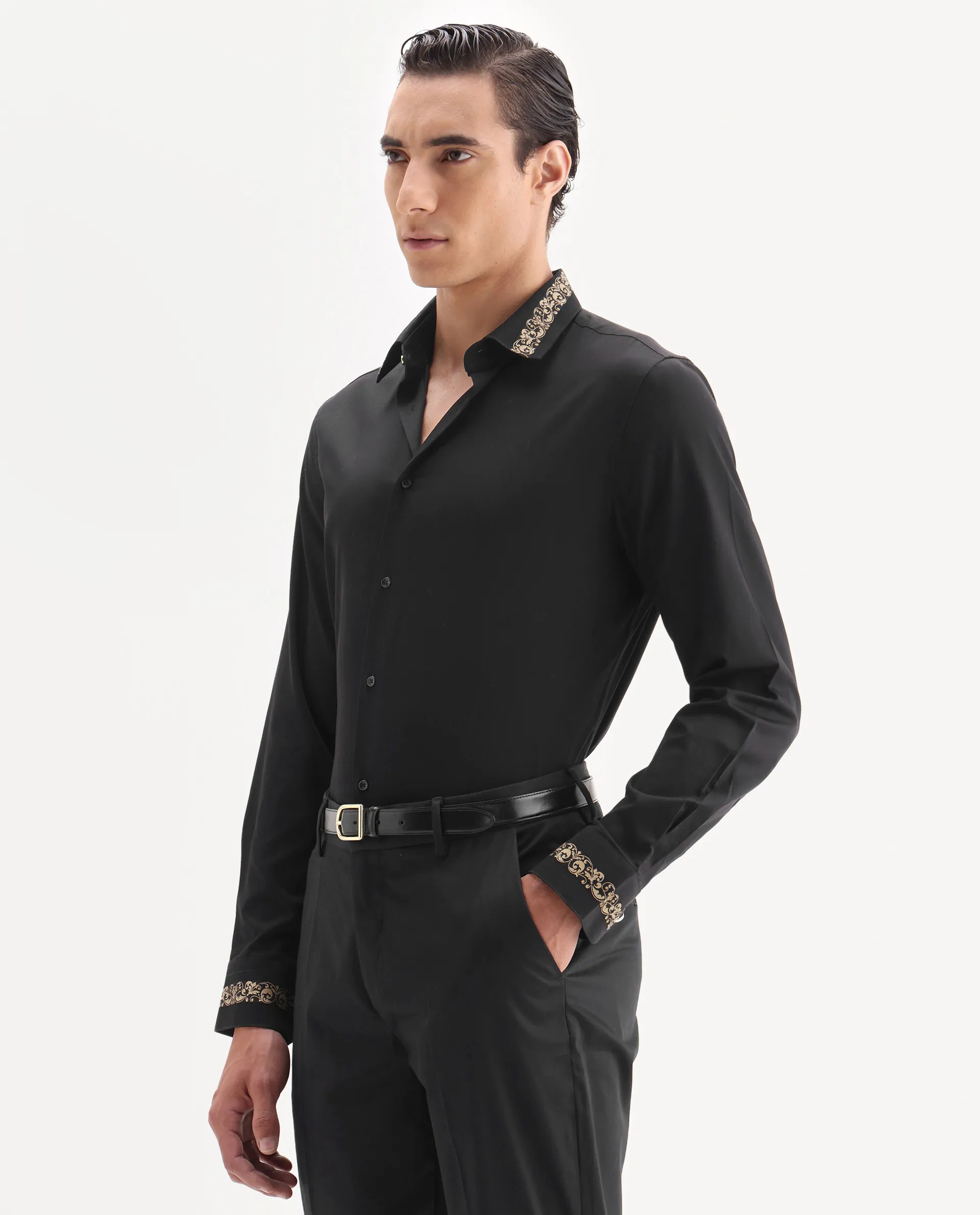 Rare Rabbit Men's Ziro Black Cotton Fabric Full Sleeve Collared Neck Jacquard Shirt - Image 5