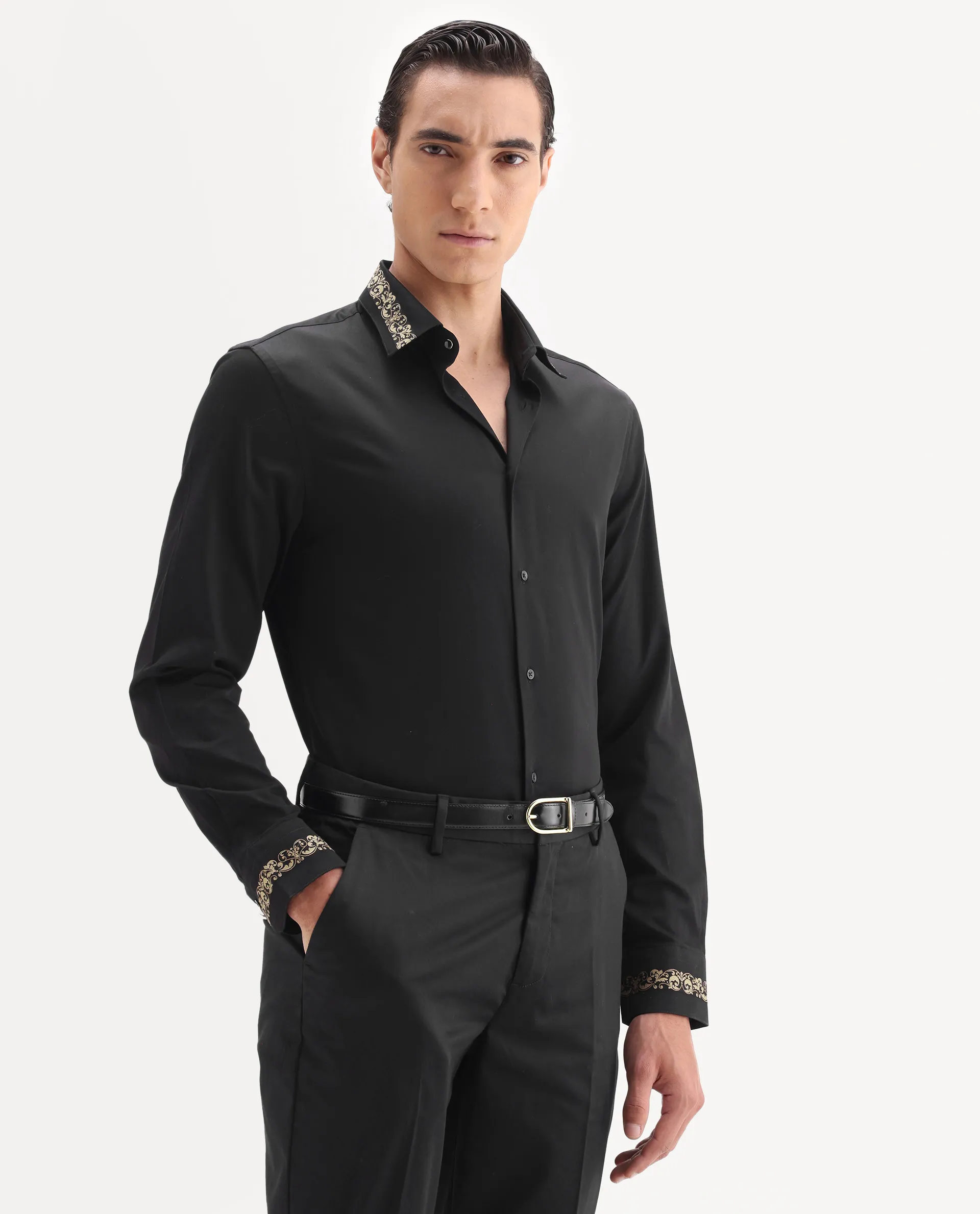 Rare Rabbit Men's Ziro Black Cotton Fabric Full Sleeve Collared Neck Jacquard Shirt - Image 6