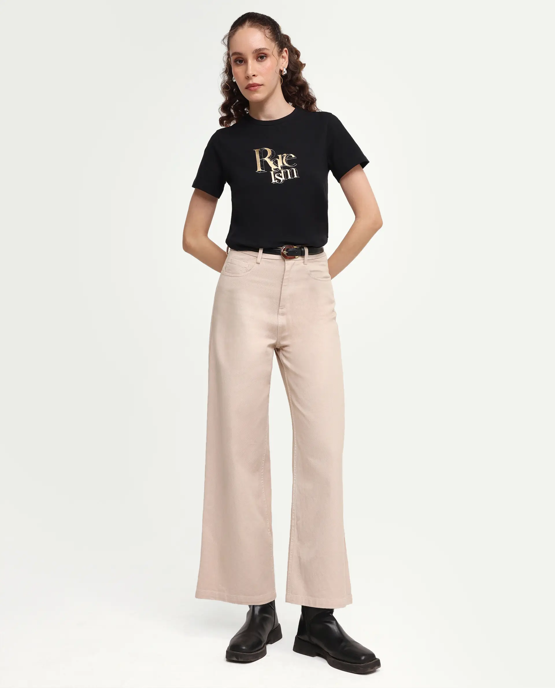 Rareism Women's Zism Black Cotton Blend Crew Neck Pull-On Regular Graphic Print T-Shirt - Image 2