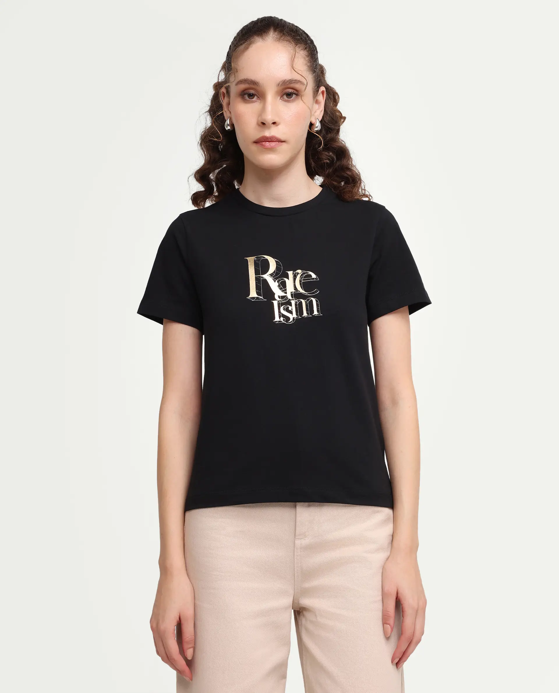 Rareism Women's Zism Black Cotton Blend Crew Neck Pull-On Regular Graphic Print T-Shirt - Image 3