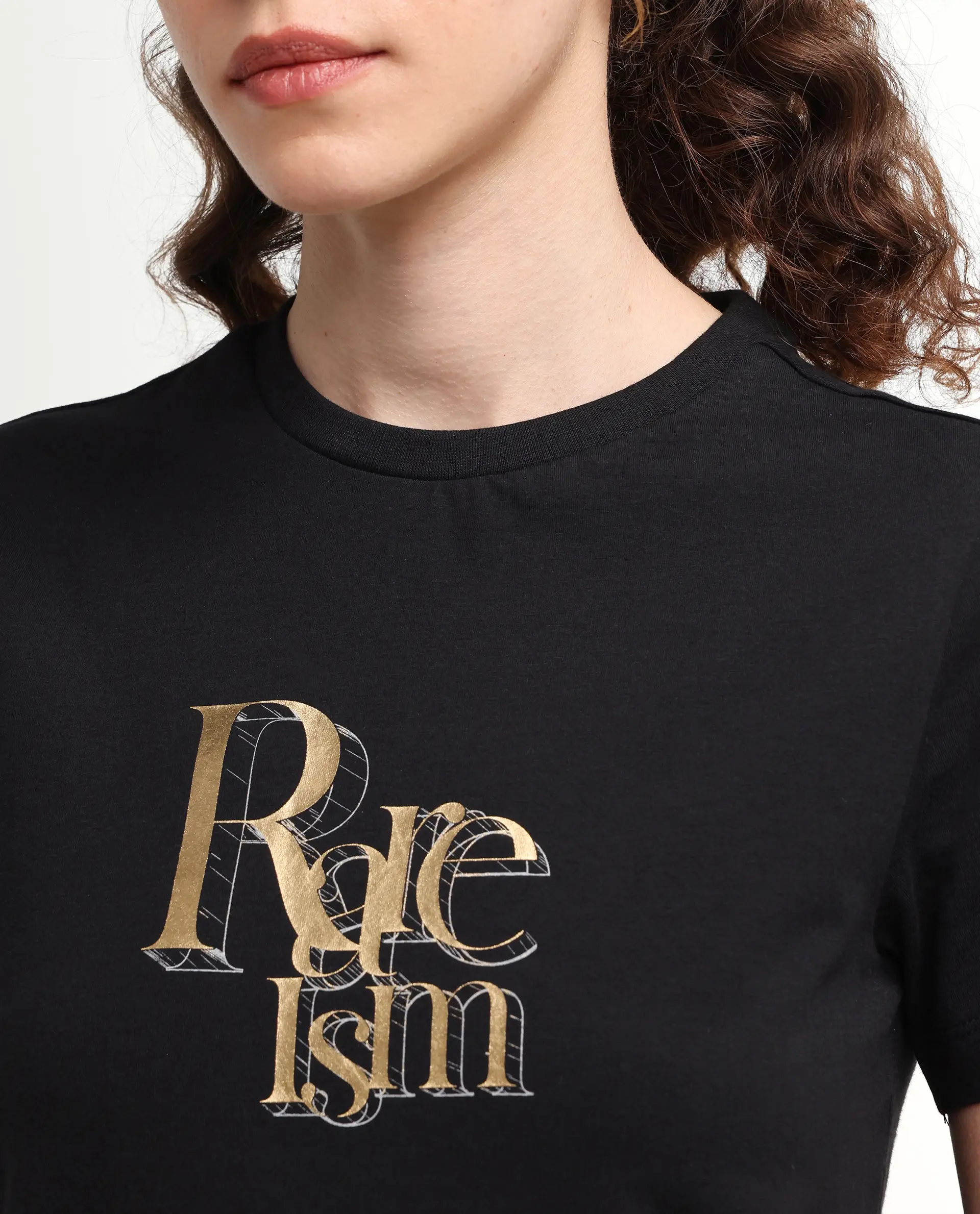 Rareism Women's Zism Black Cotton Blend Crew Neck Pull-On Regular Graphic Print T-Shirt - Image 4