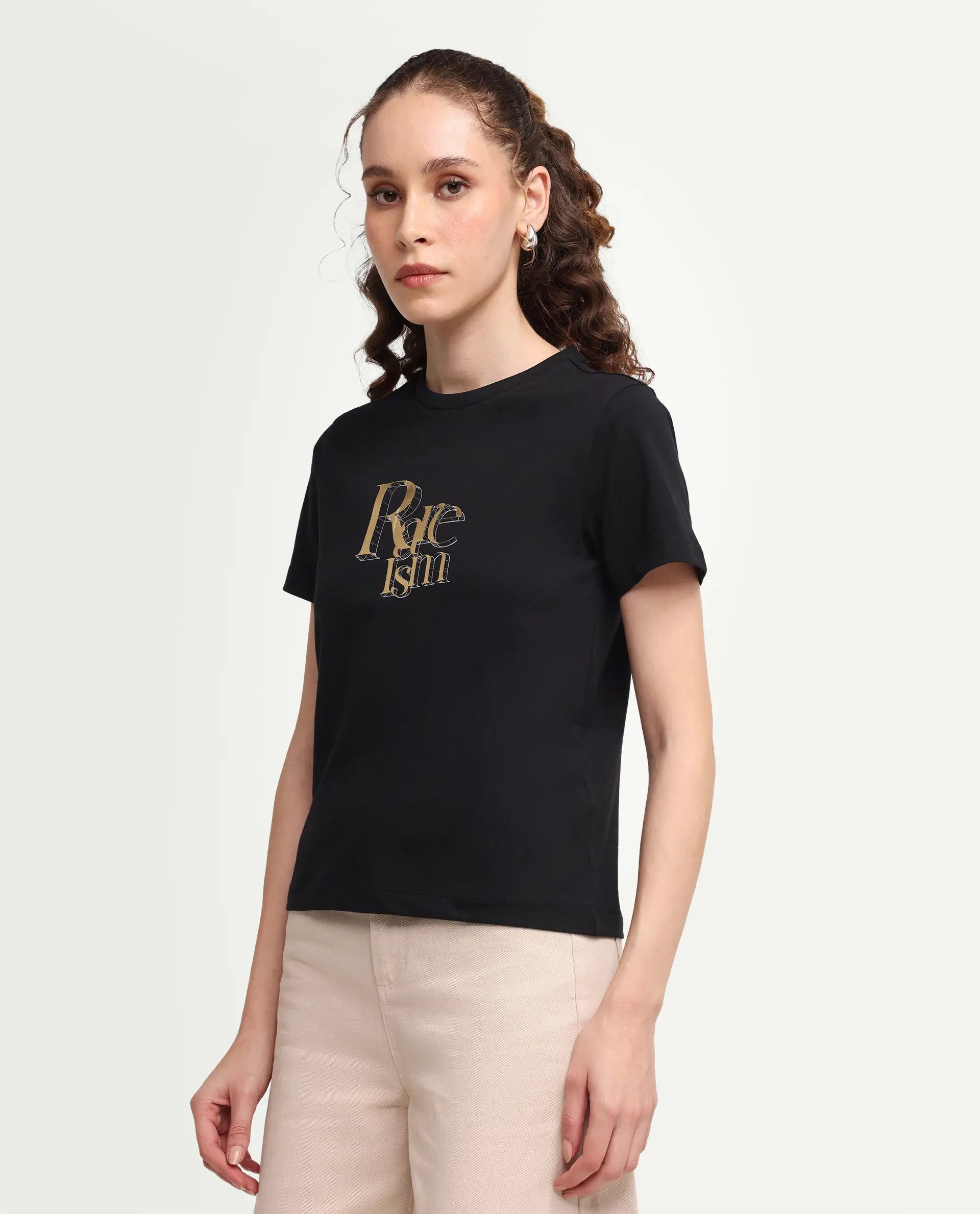 Rareism Women's Zism Black Cotton Blend Crew Neck Pull-On Regular Graphic Print T-Shirt - Image 5