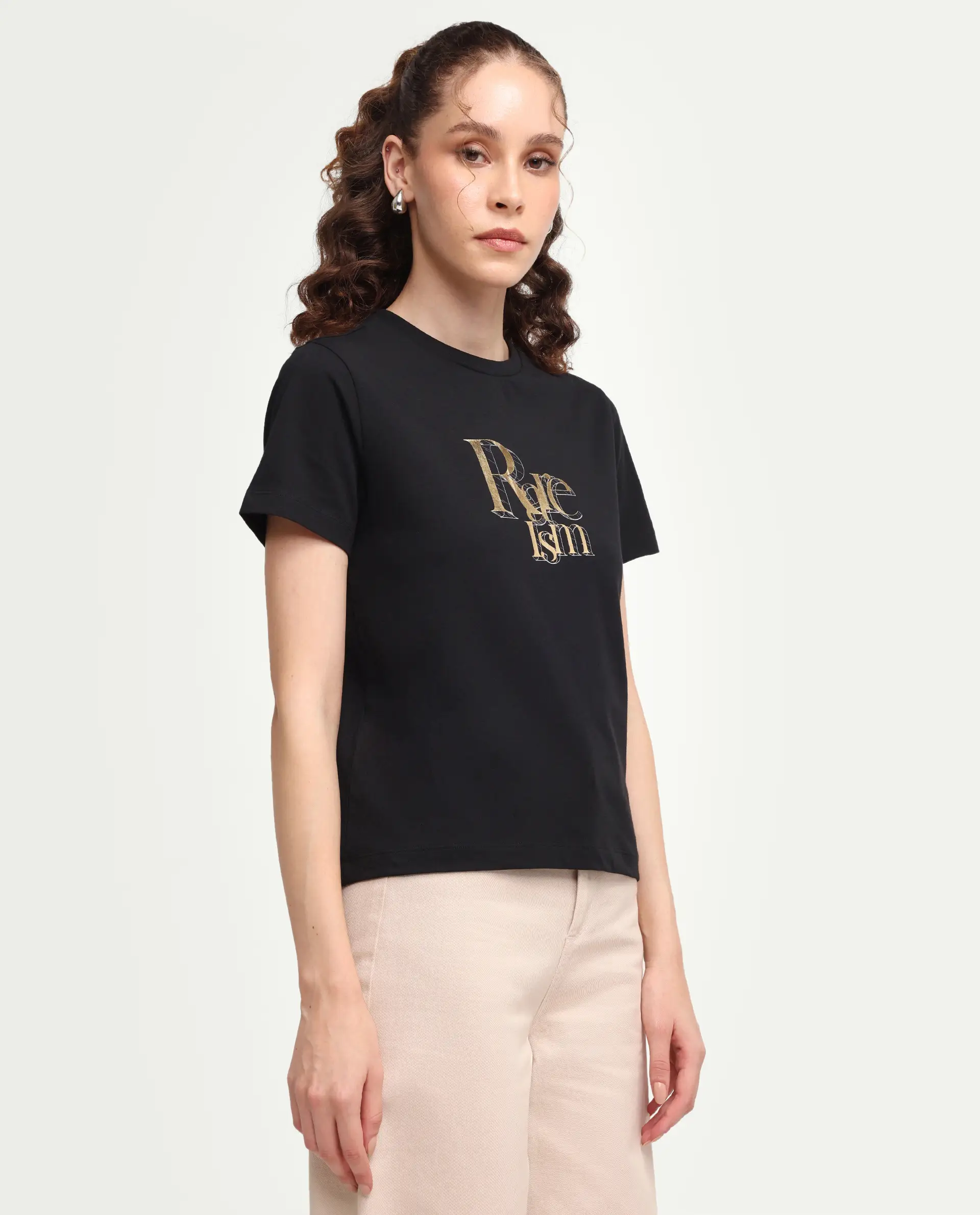 Rareism Women's Zism Black Cotton Blend Crew Neck Pull-On Regular Graphic Print T-Shirt - Image 6
