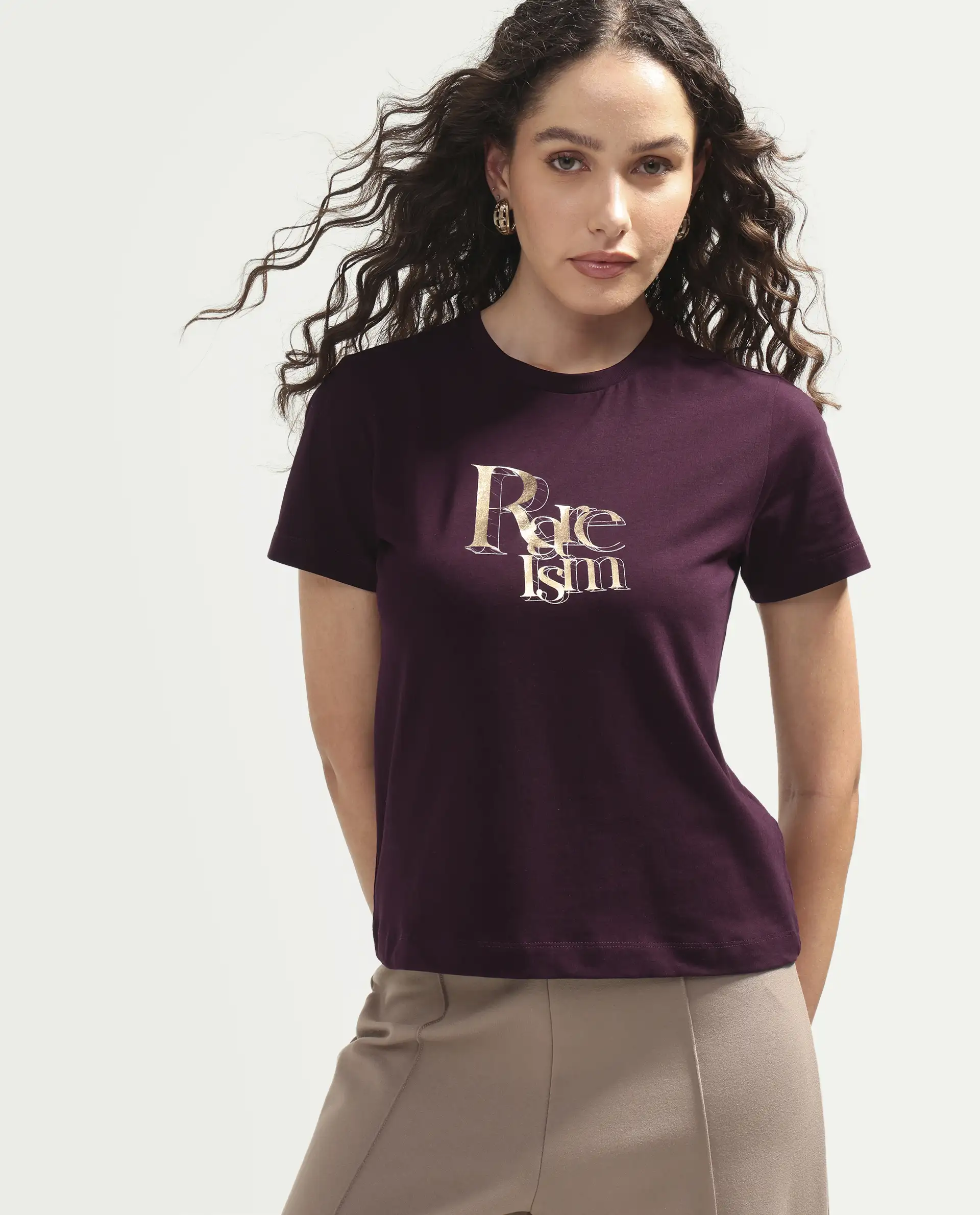 Rareism Women's Zism Dark Maroon Cotton Blend Crew Neck Pull-On Regular Graphic Print T-Shirt - Image 2