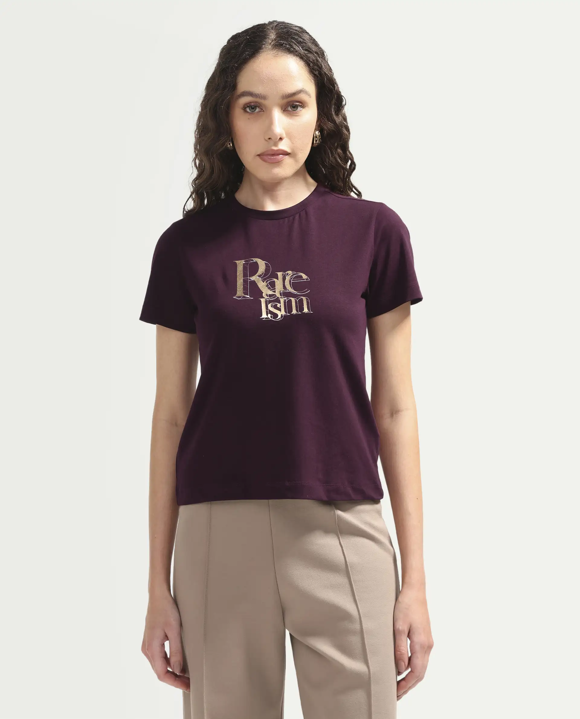 Rareism Women's Zism Dark Maroon Cotton Blend Crew Neck Pull-On Regular Graphic Print T-Shirt - Image 3