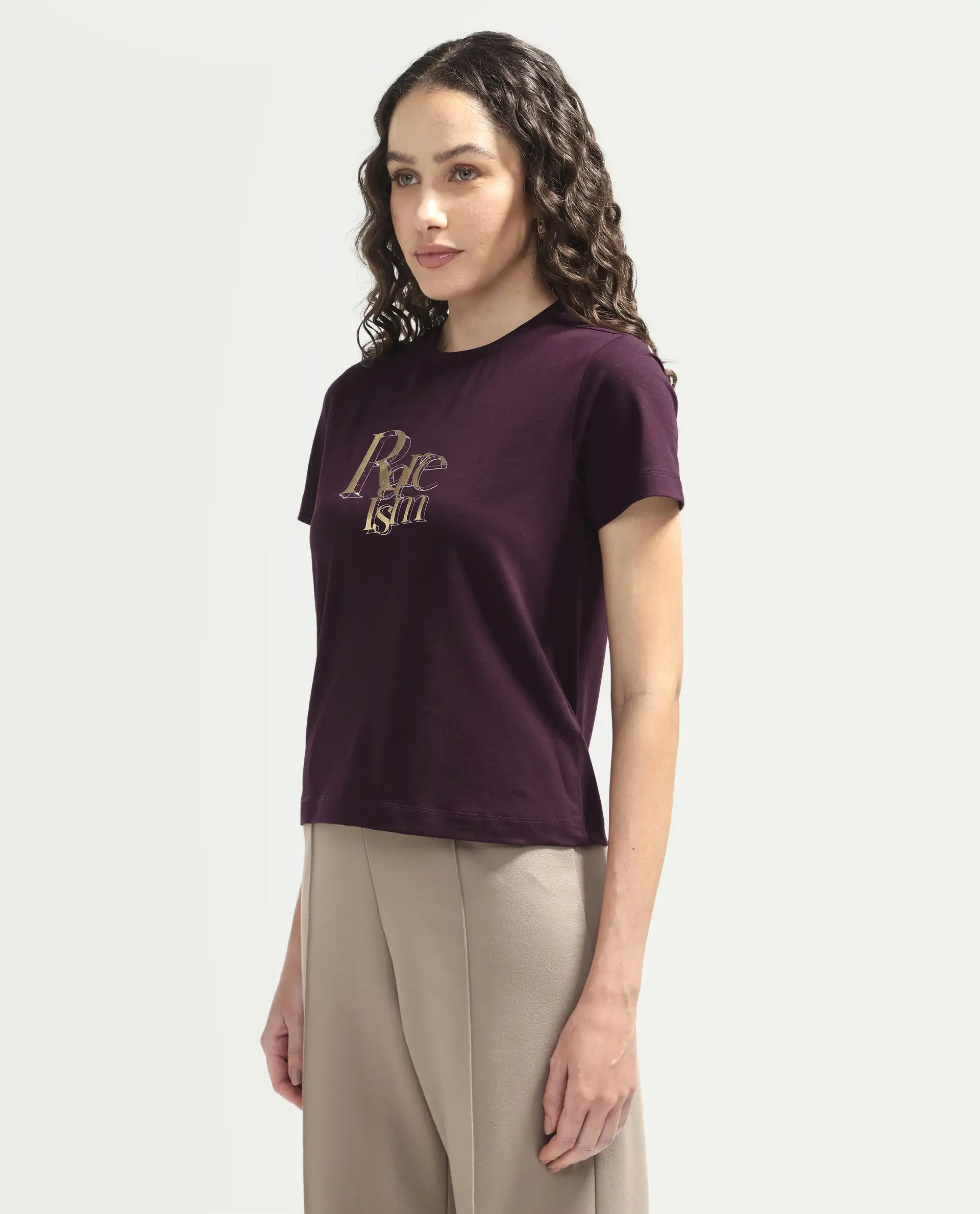 Rareism Women's Zism Dark Maroon Cotton Blend Crew Neck Pull-On Regular Graphic Print T-Shirt - Image 5