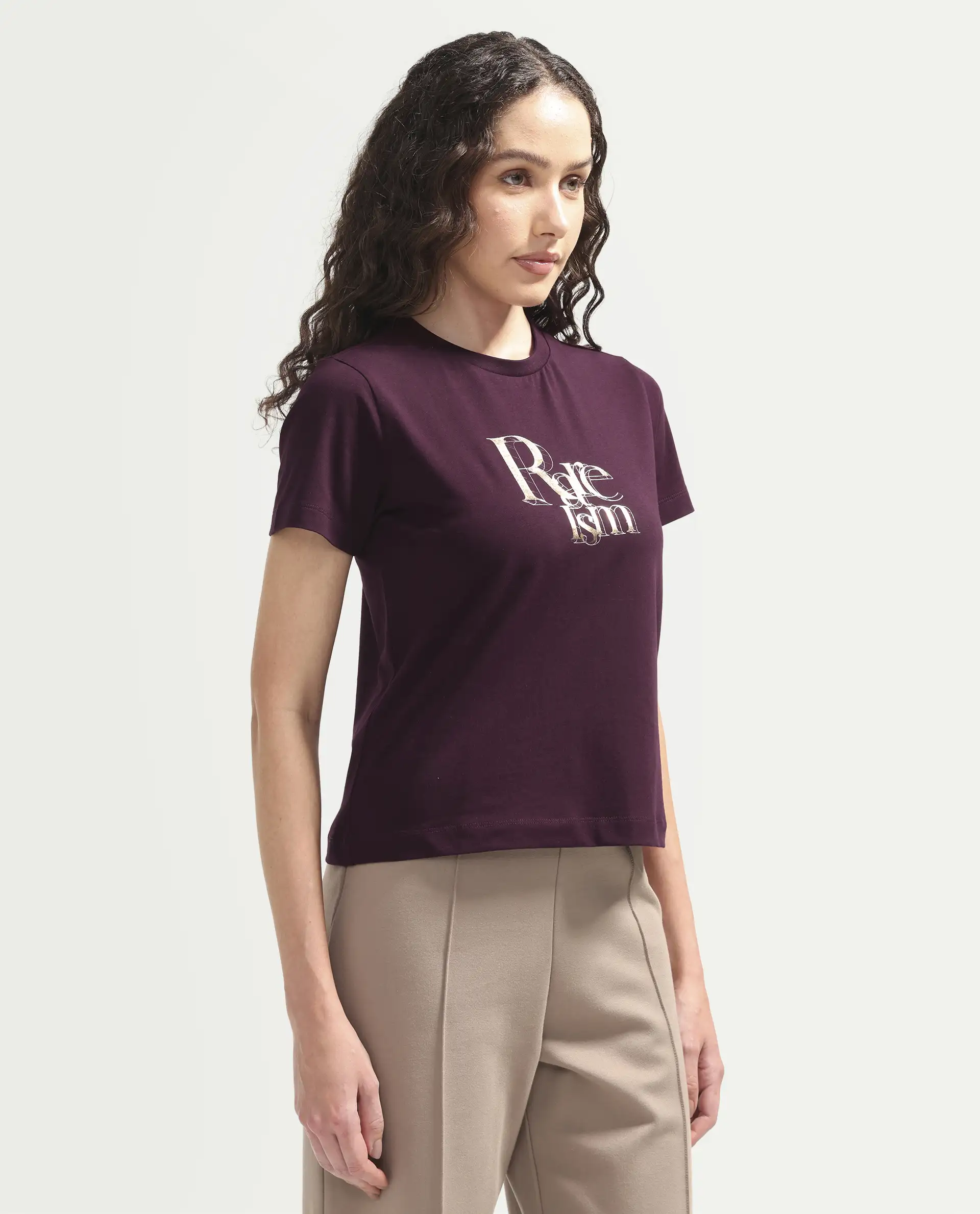 Rareism Women's Zism Dark Maroon Cotton Blend Crew Neck Pull-On Regular Graphic Print T-Shirt - Image 6