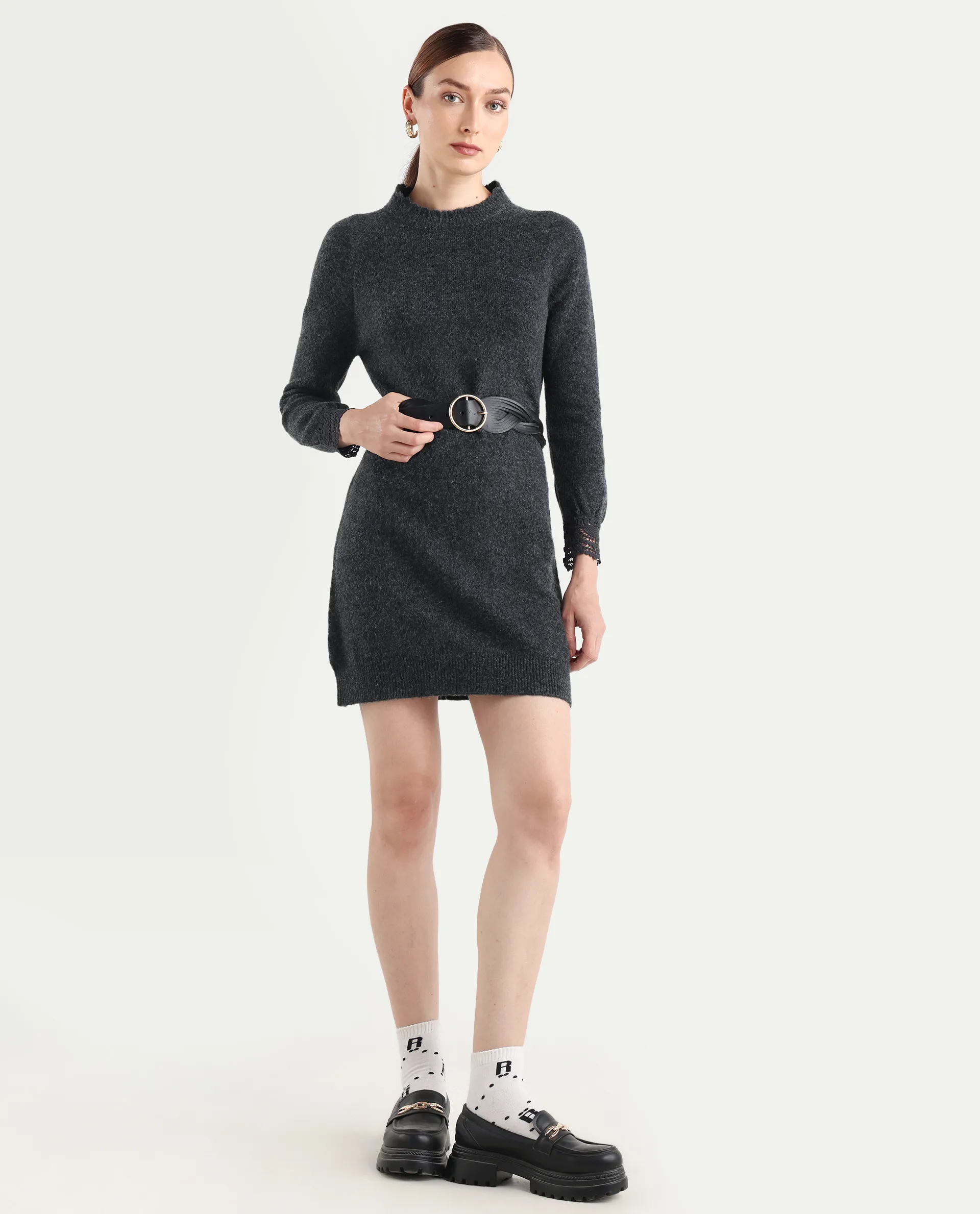 Rareism Women's Zisto Black Acrylic Blend Crew Neck Regular Fit Plain Dress - Image 2