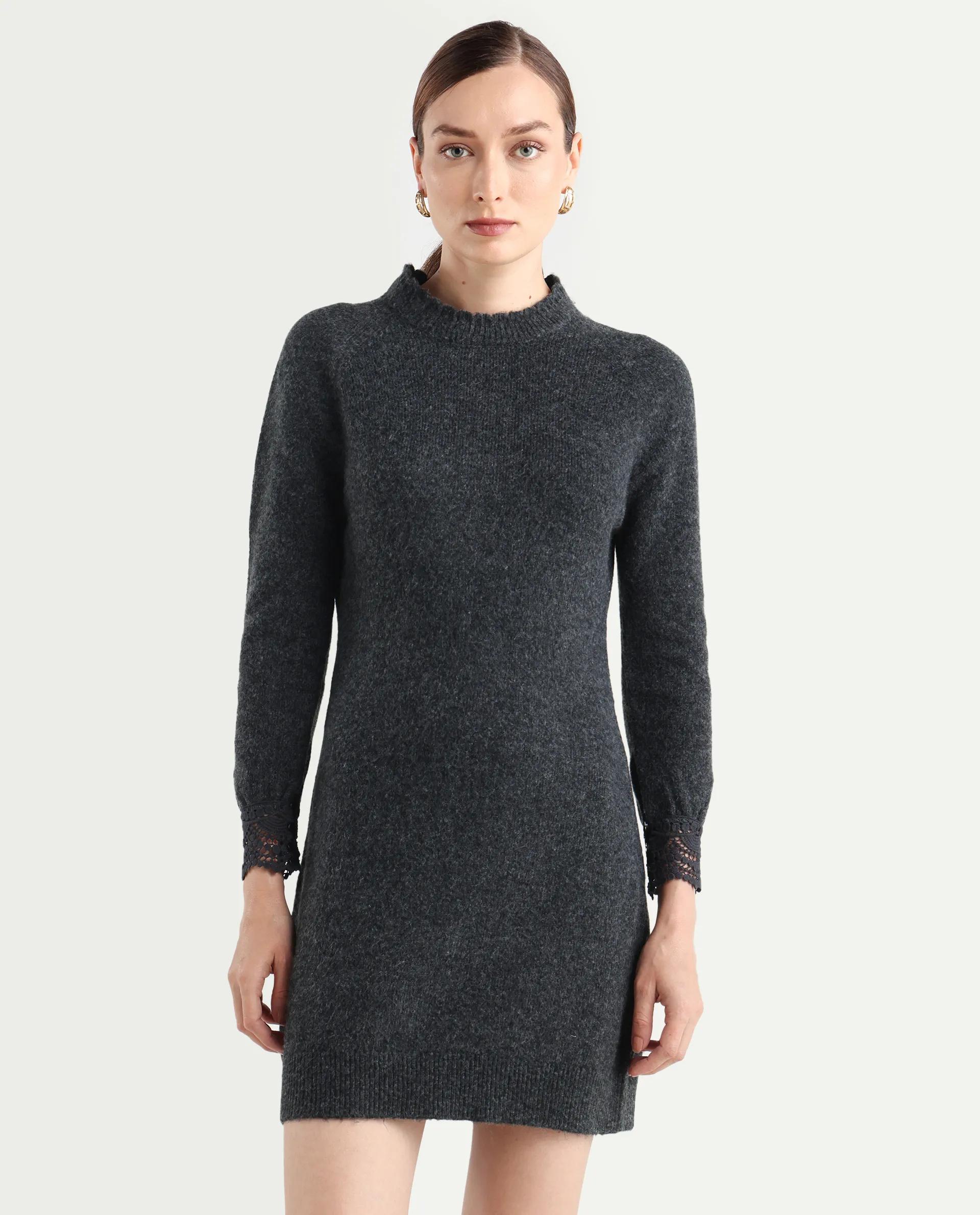 Rareism Women's Zisto Black Acrylic Blend Crew Neck Regular Fit Plain Dress - Image 3