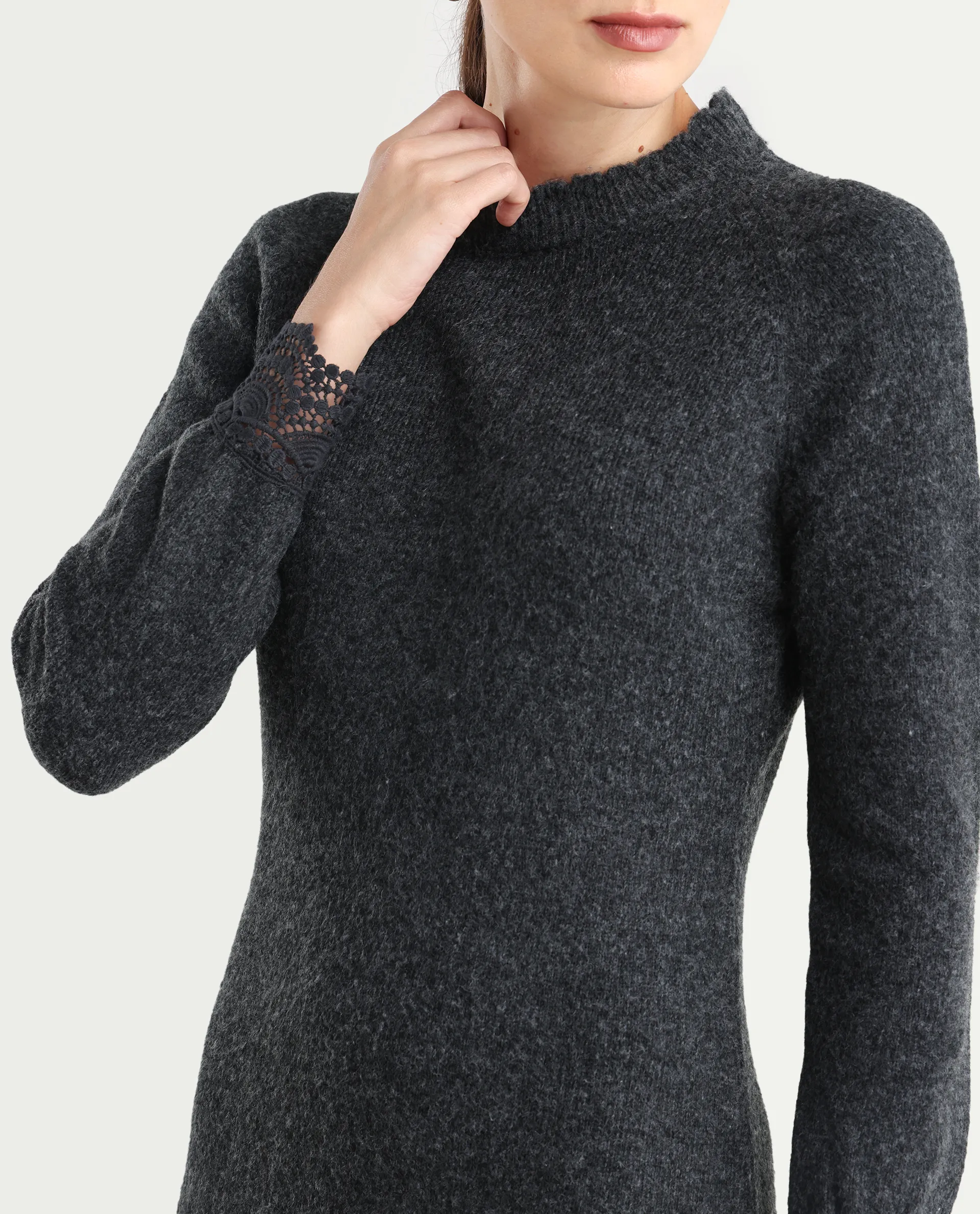 Rareism Women's Zisto Black Acrylic Blend Crew Neck Regular Fit Plain Dress - Image 4