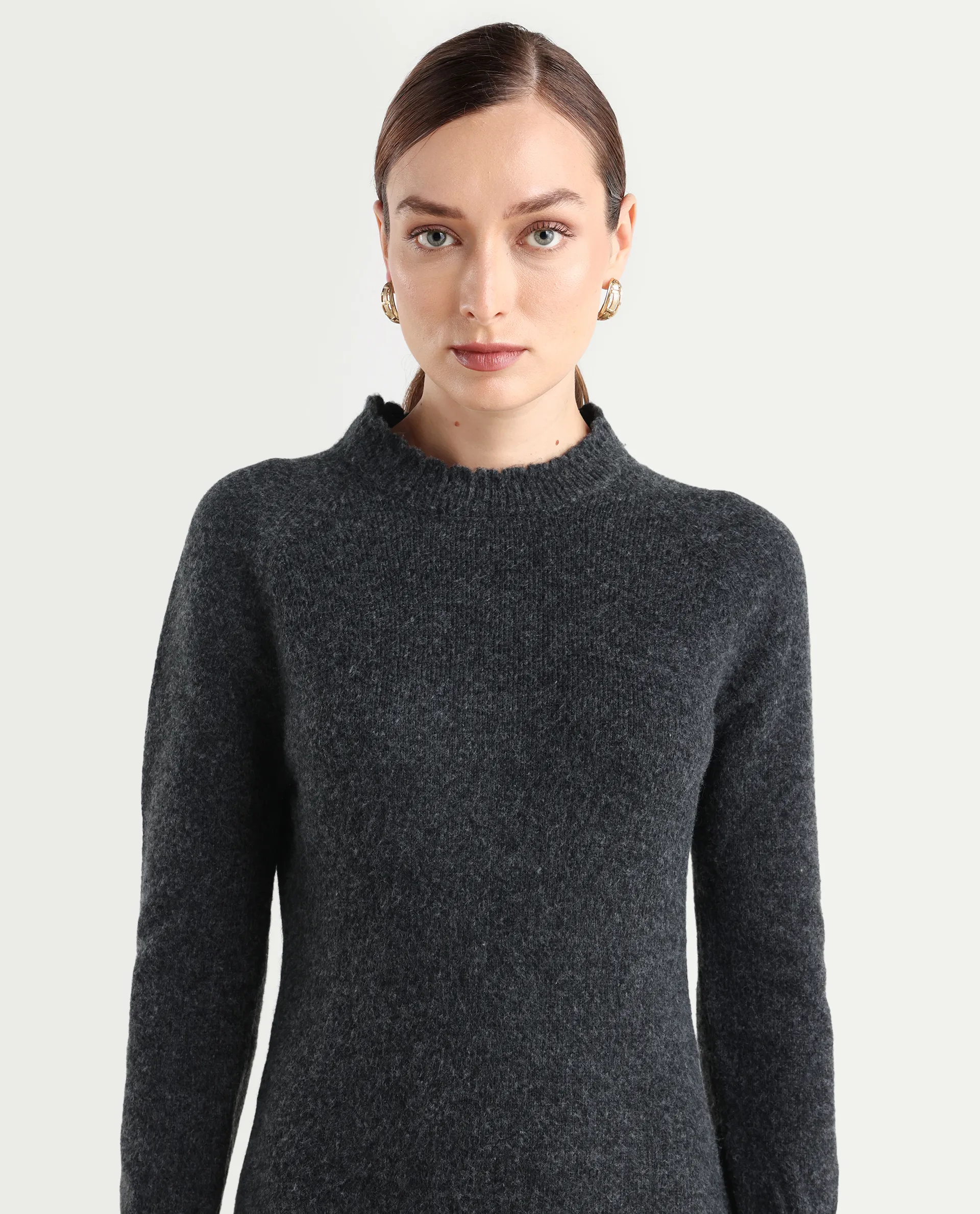 Rareism Women's Zisto Black Acrylic Blend Crew Neck Regular Fit Plain Dress - Image 5
