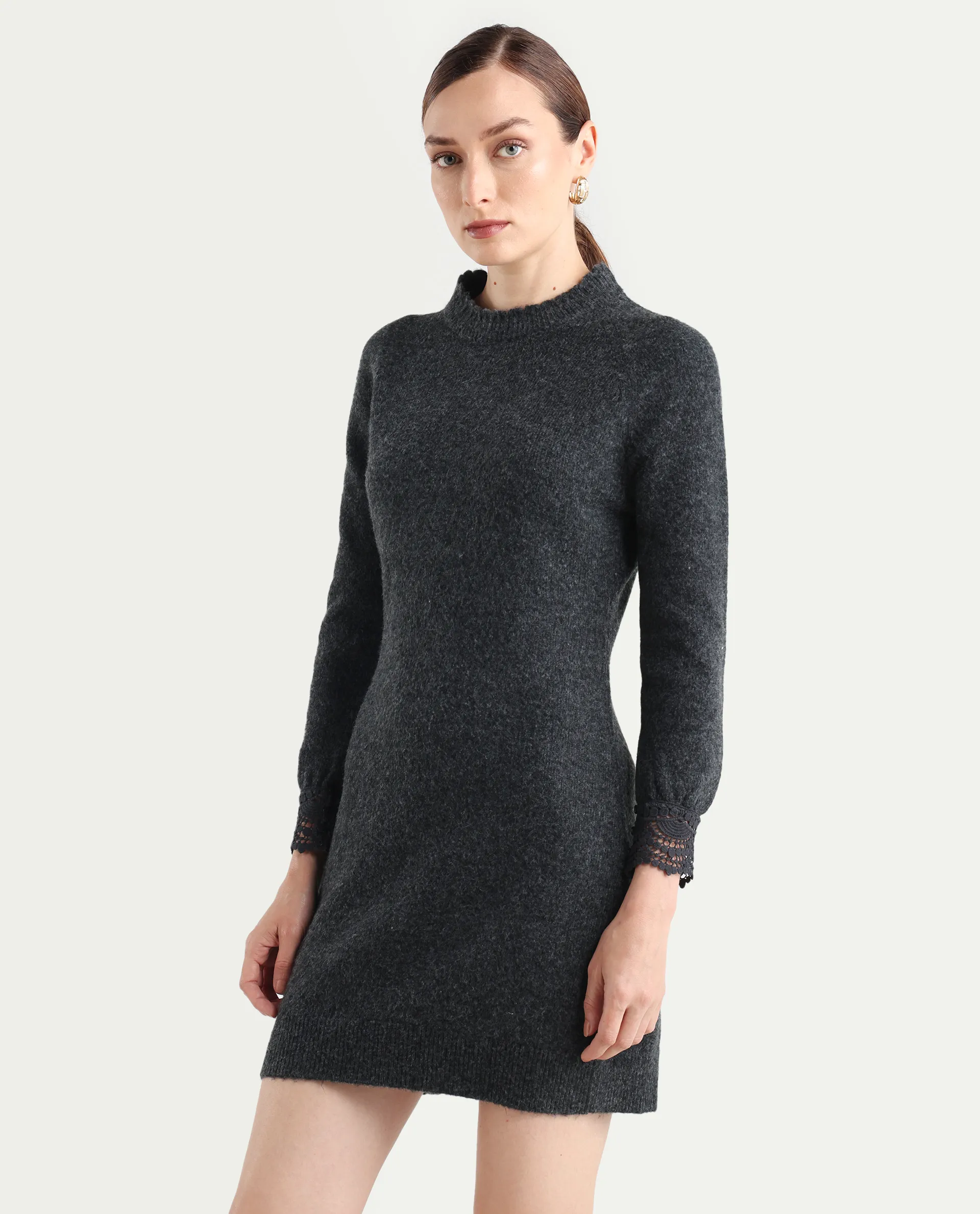 Rareism Women's Zisto Black Acrylic Blend Crew Neck Regular Fit Plain Dress - Image 6