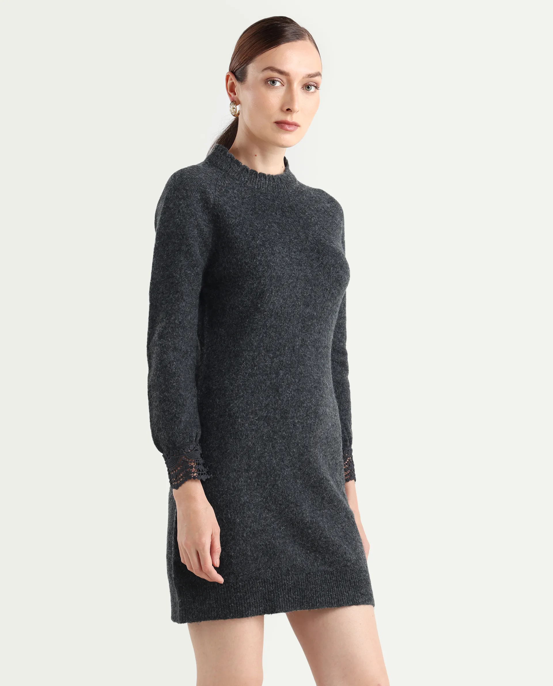 Rareism Women's Zisto Black Acrylic Blend Crew Neck Regular Fit Plain Dress - Image 7