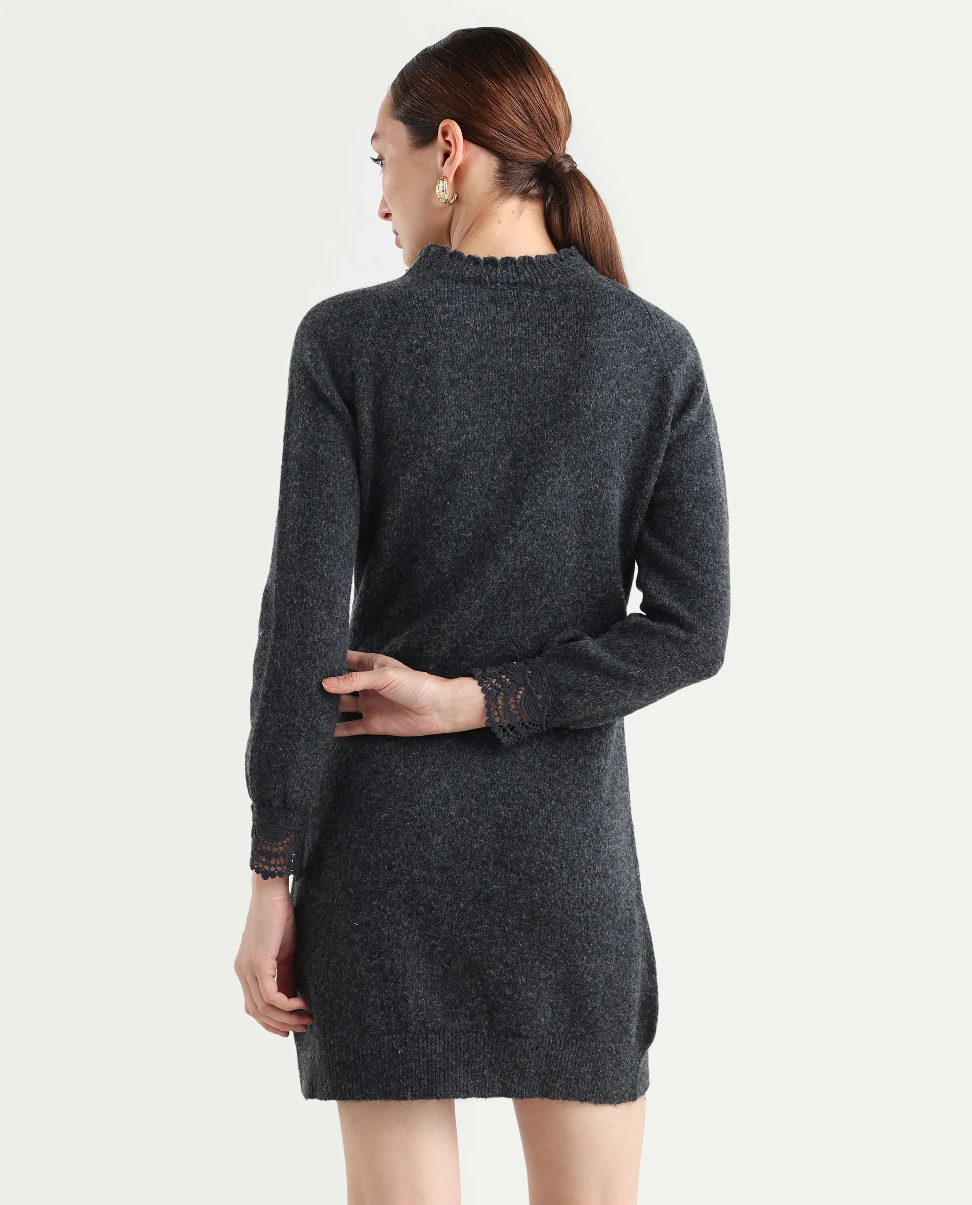 Rareism Women's Zisto Black Acrylic Blend Crew Neck Regular Fit Plain Dress - Image 8
