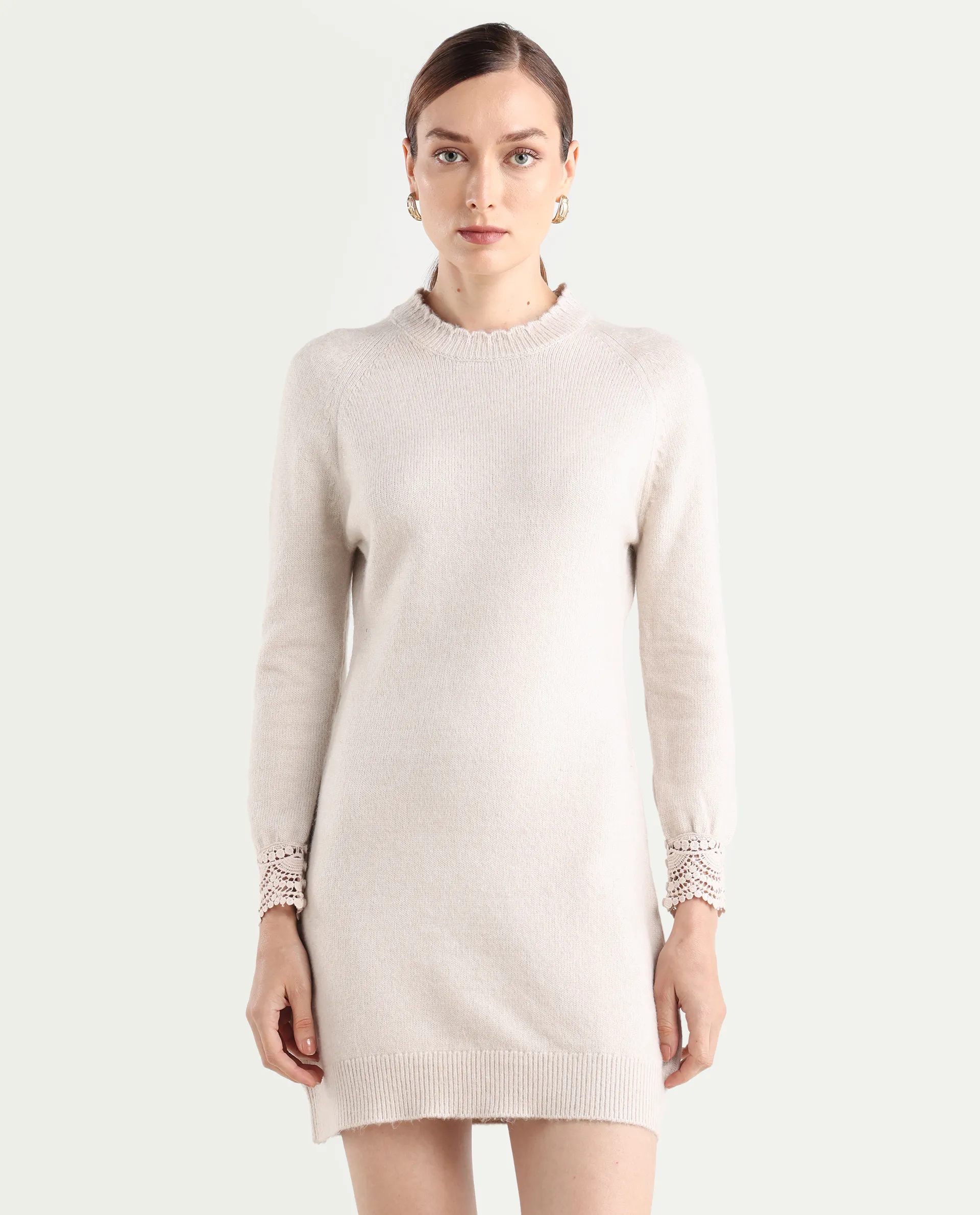 Rareism Women's Zisto Light Beige Acrylic Blend Crew Neck Relaxed Fit Plain Dress - Image 3