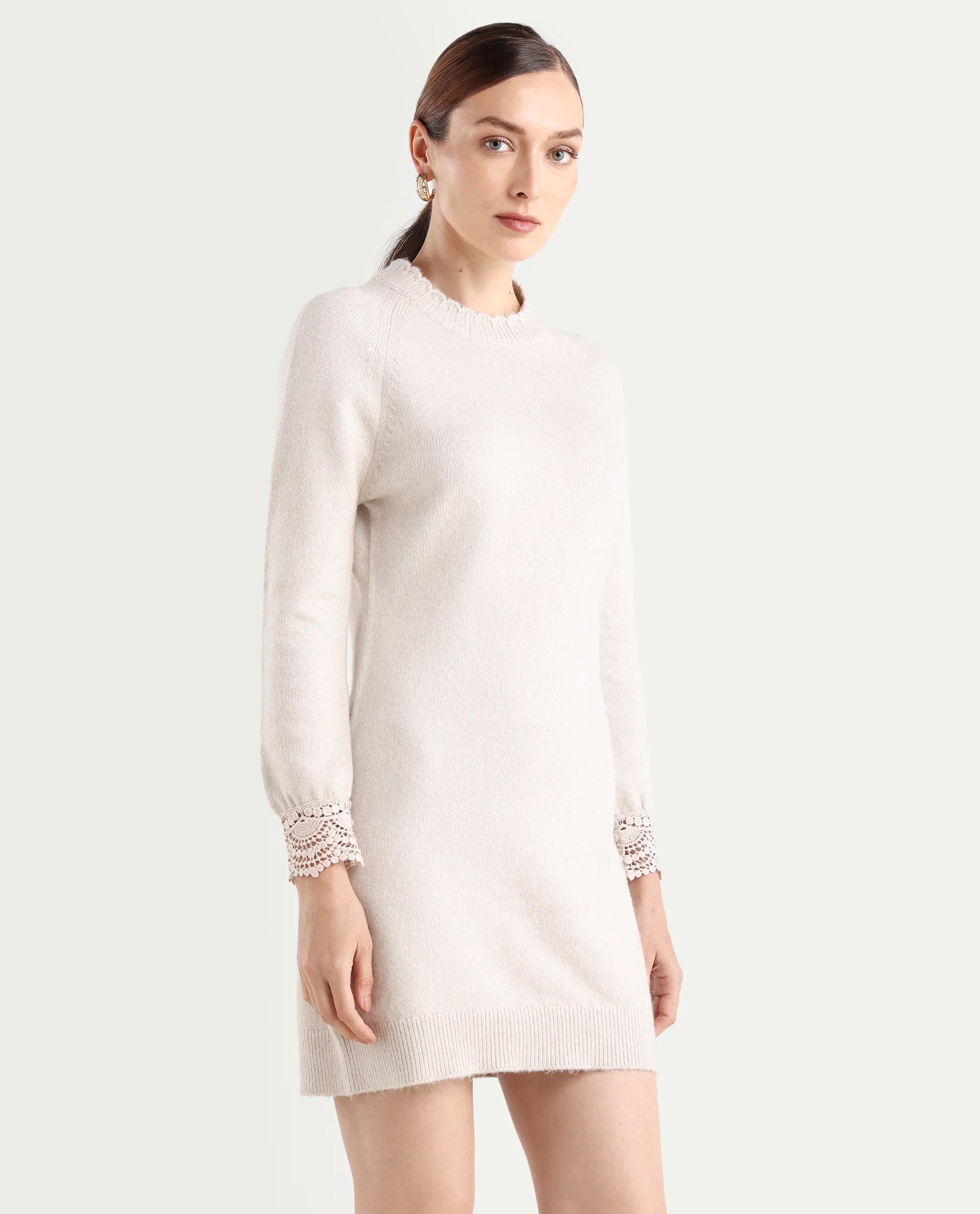 Rareism Women's Zisto Light Beige Acrylic Blend Crew Neck Relaxed Fit Plain Dress - Image 7