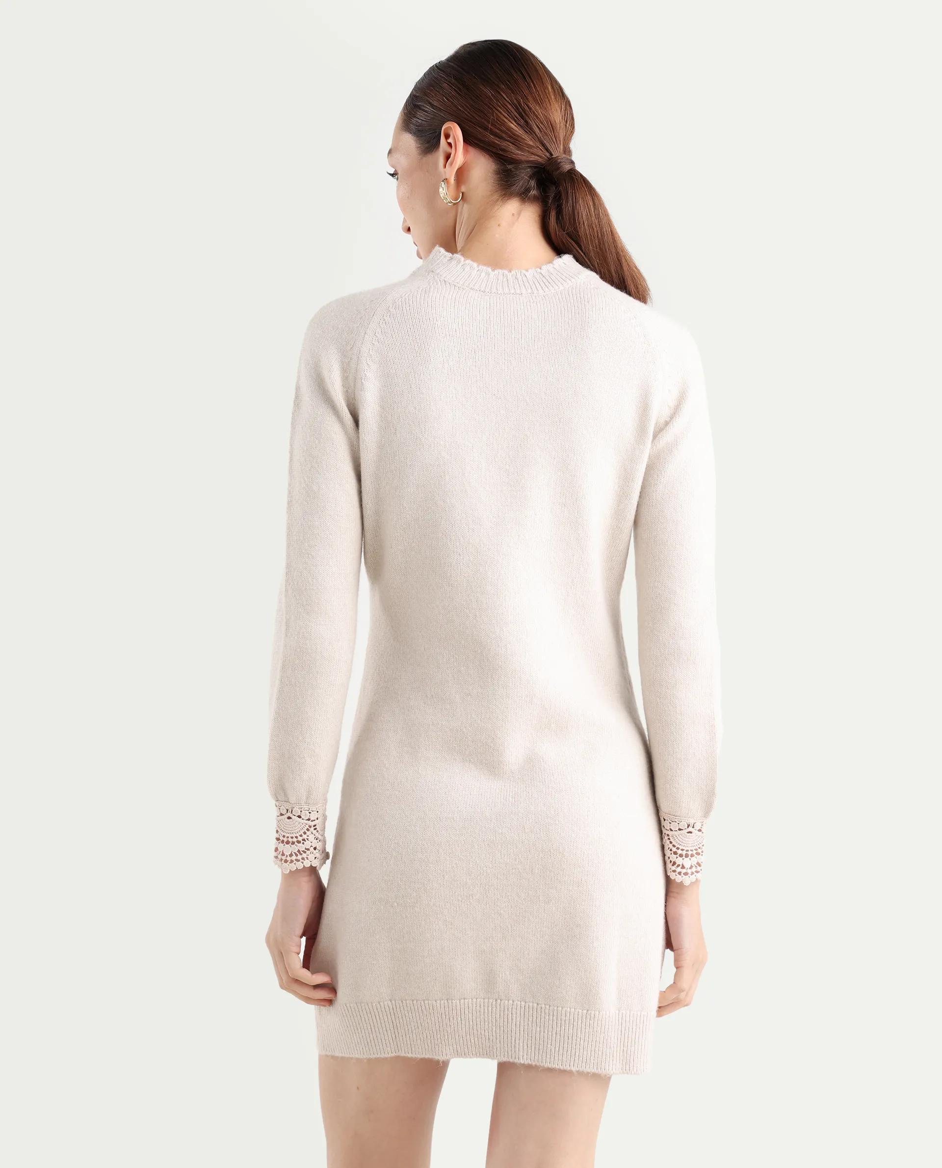 Rareism Women's Zisto Light Beige Acrylic Blend Crew Neck Relaxed Fit Plain Dress - Image 8