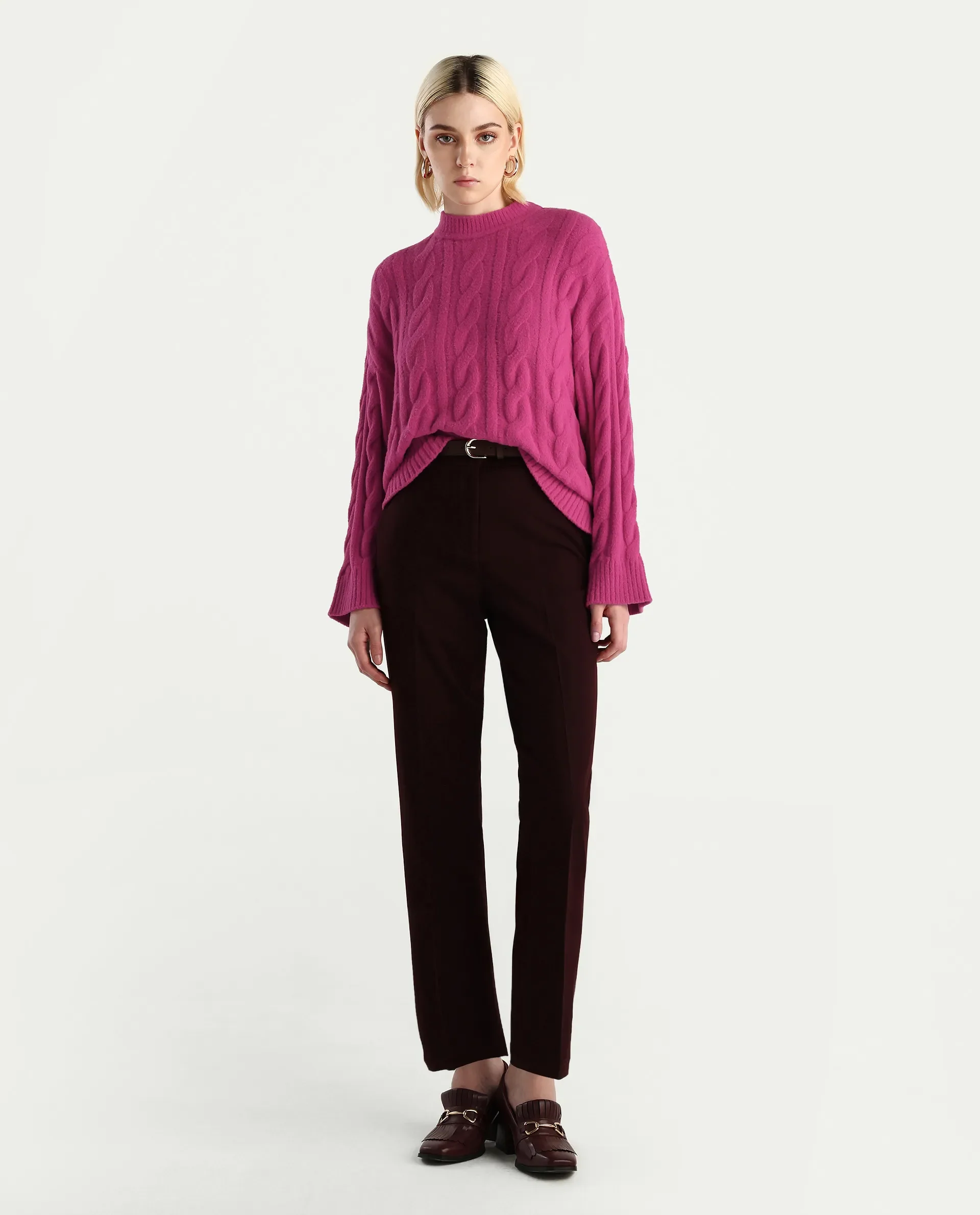 Rareism Women's Ziv Dark Pink Nylon High Neck Oversize Fit Sweater - Image 2