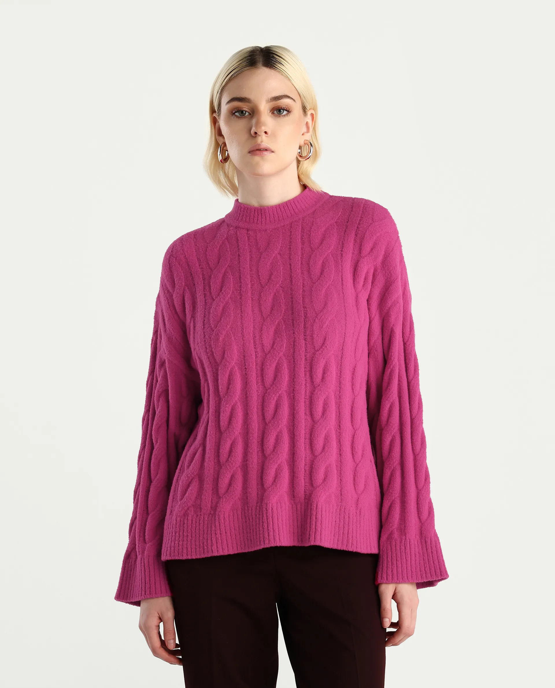 Rareism Women's Ziv Dark Pink Nylon High Neck Oversize Fit Sweater - Image 3