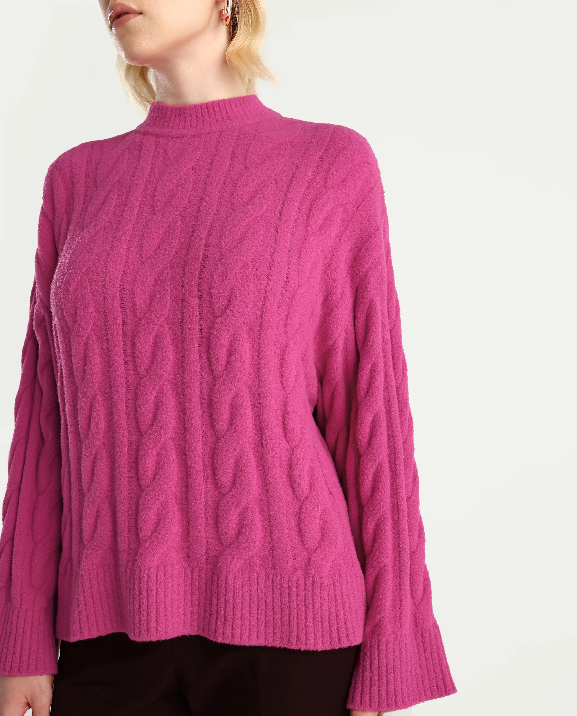 Rareism Women's Ziv Dark Pink Nylon High Neck Oversize Fit Sweater - Image 4
