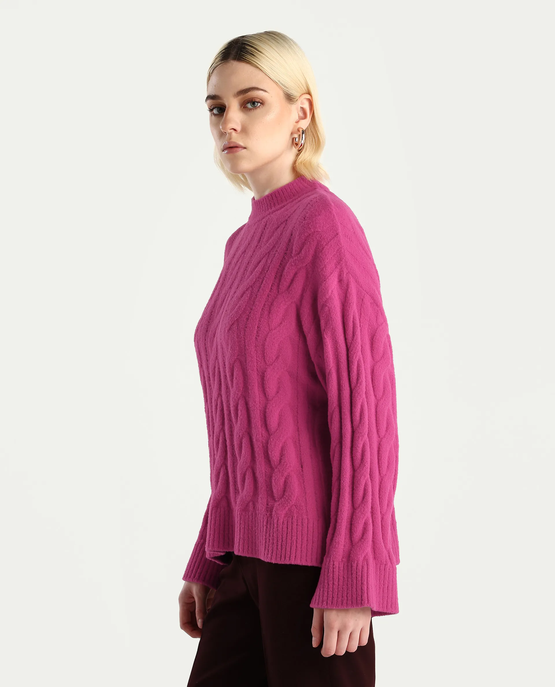 Rareism Women's Ziv Dark Pink Nylon High Neck Oversize Fit Sweater - Image 5