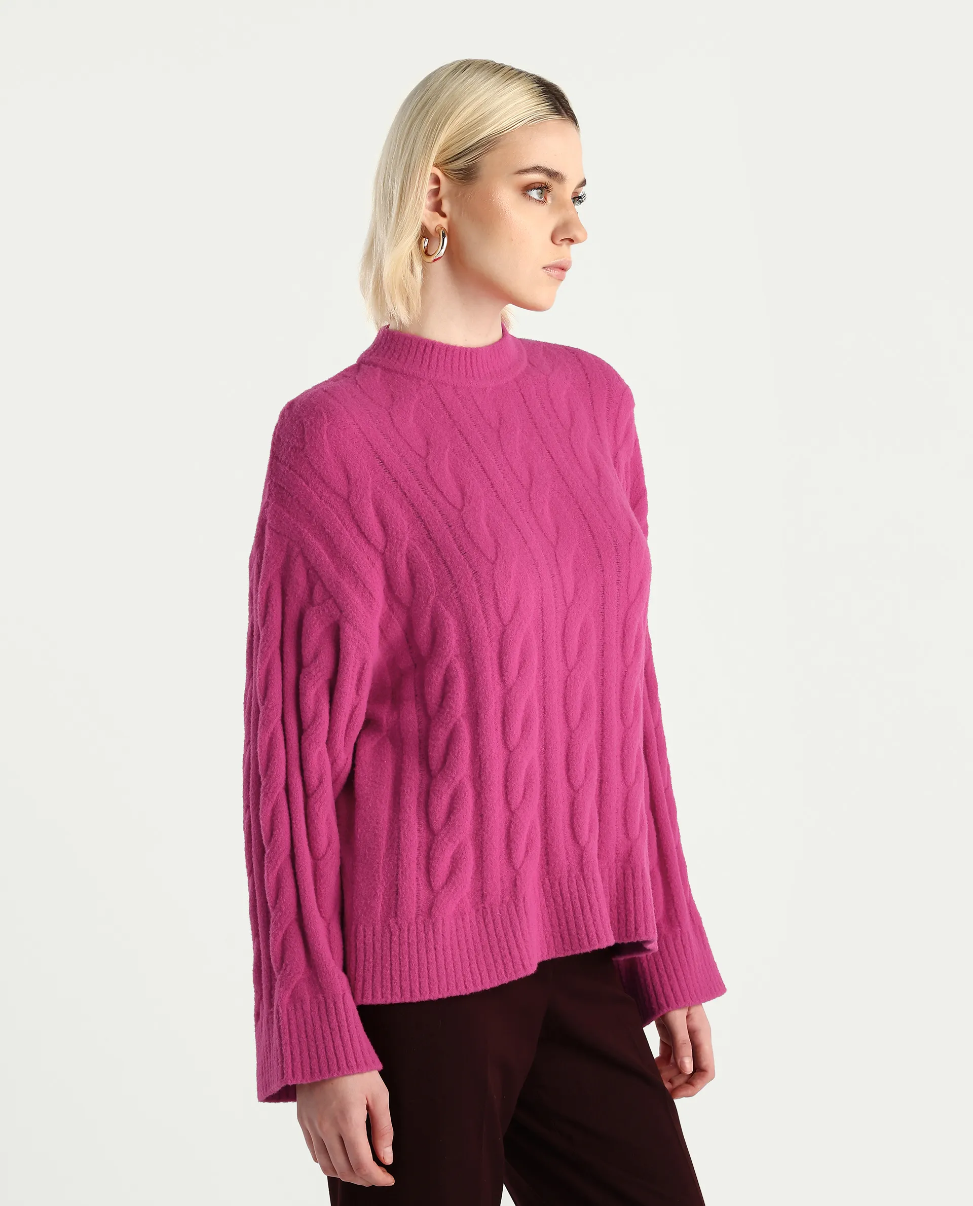 Rareism Women's Ziv Dark Pink Nylon High Neck Oversize Fit Sweater - Image 6