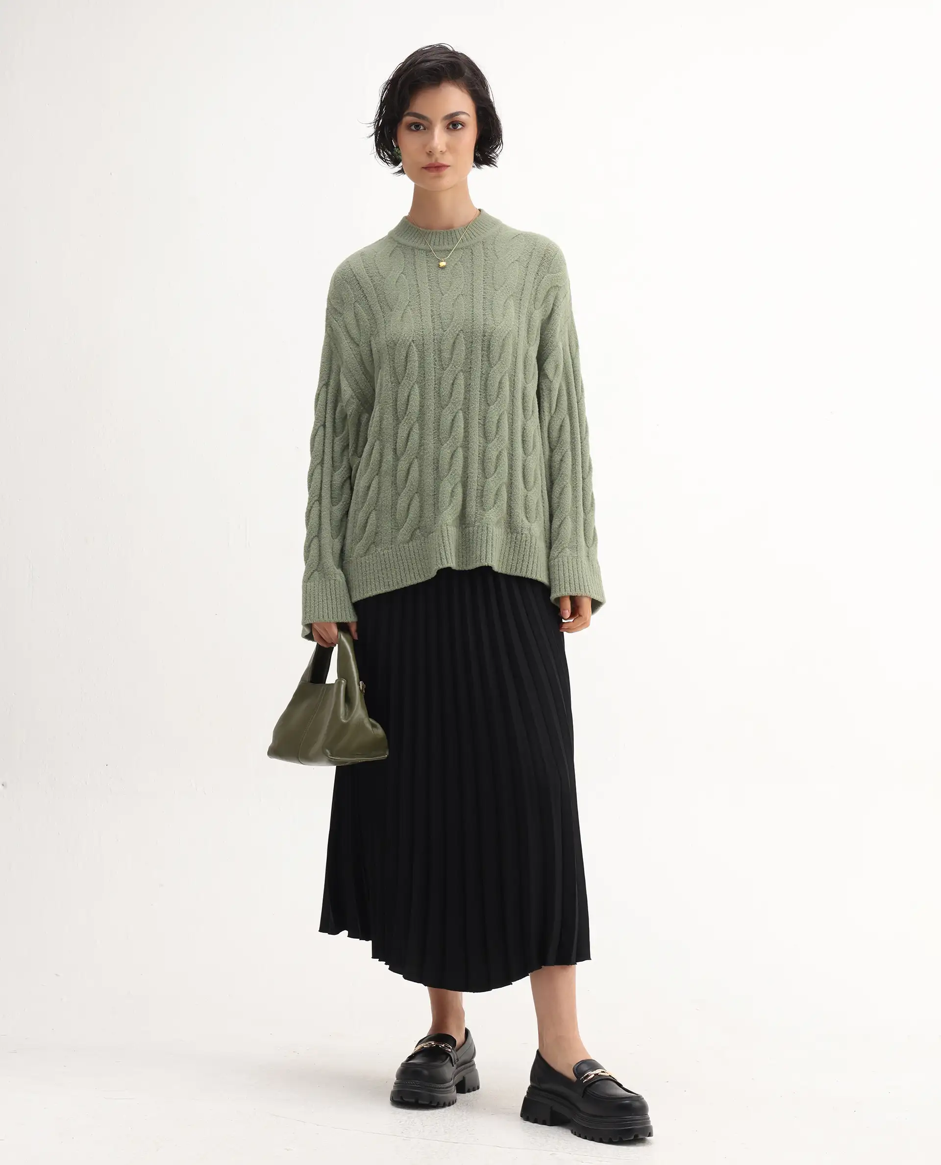 Rareism Women's Ziv Olive Nylon High Neck Oversize Fit Sweater - Image 2