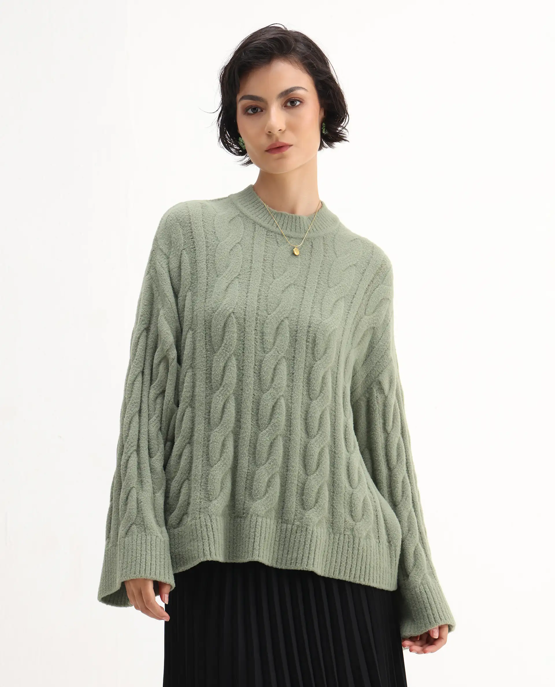 Rareism Women's Ziv Olive Nylon High Neck Oversize Fit Sweater - Image 3