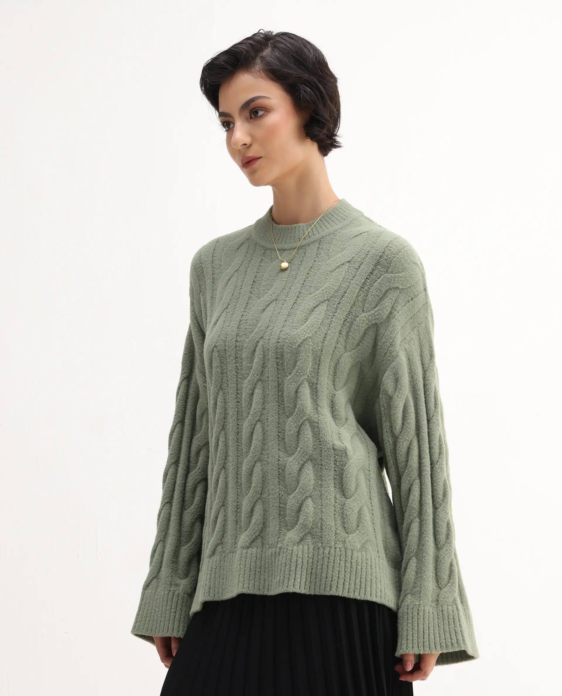 Rareism Women's Ziv Olive Nylon High Neck Oversize Fit Sweater - Image 5