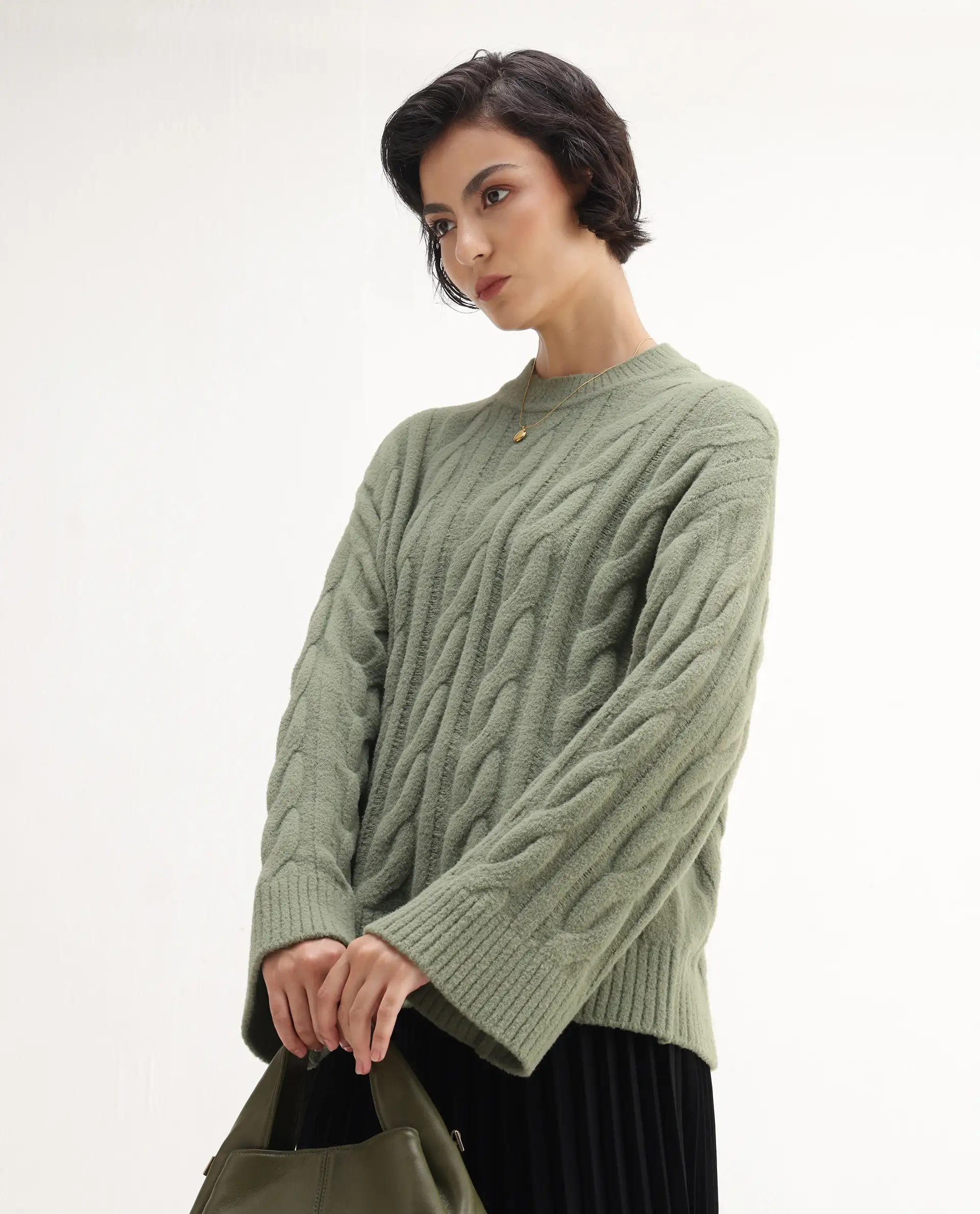 Rareism Women's Ziv Olive Nylon High Neck Oversize Fit Sweater - Image 6
