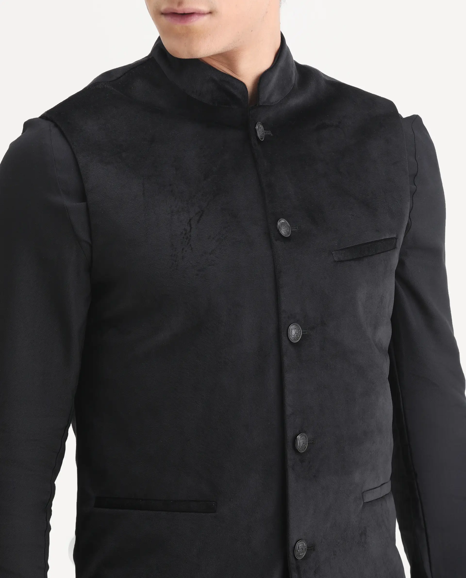 Rare Rabbit Men's Ziva Black Velvet Plain Tailored Fit Sleeveless Mandarin Collar Bandhgala - Image 6