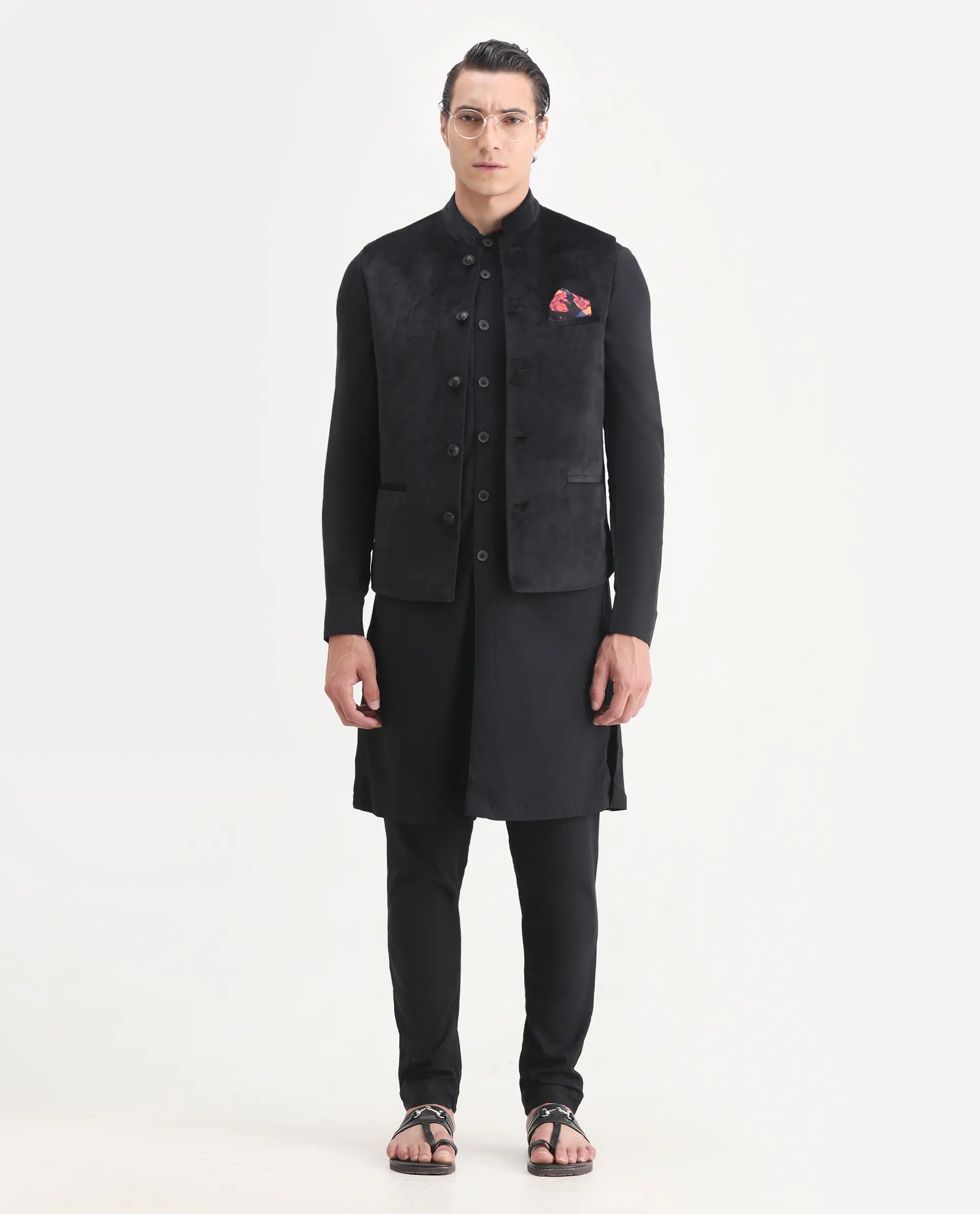 Rare Rabbit Men's Ziva Black Velvet Plain Tailored Fit Sleeveless Mandarin Collar Bandhgala - Image 7