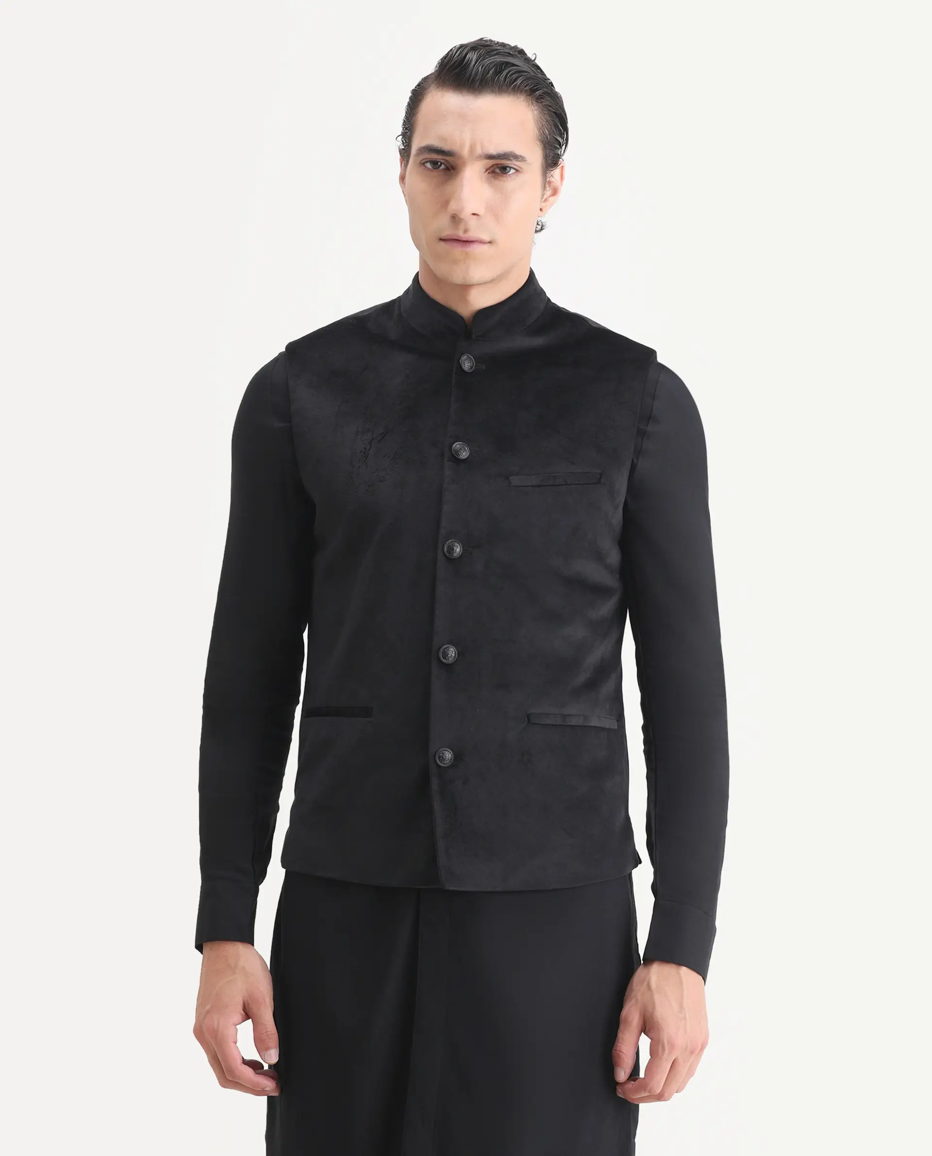 Rare Rabbit Men's Ziva Black Velvet Plain Tailored Fit Sleeveless Mandarin Collar Bandhgala - Image 8