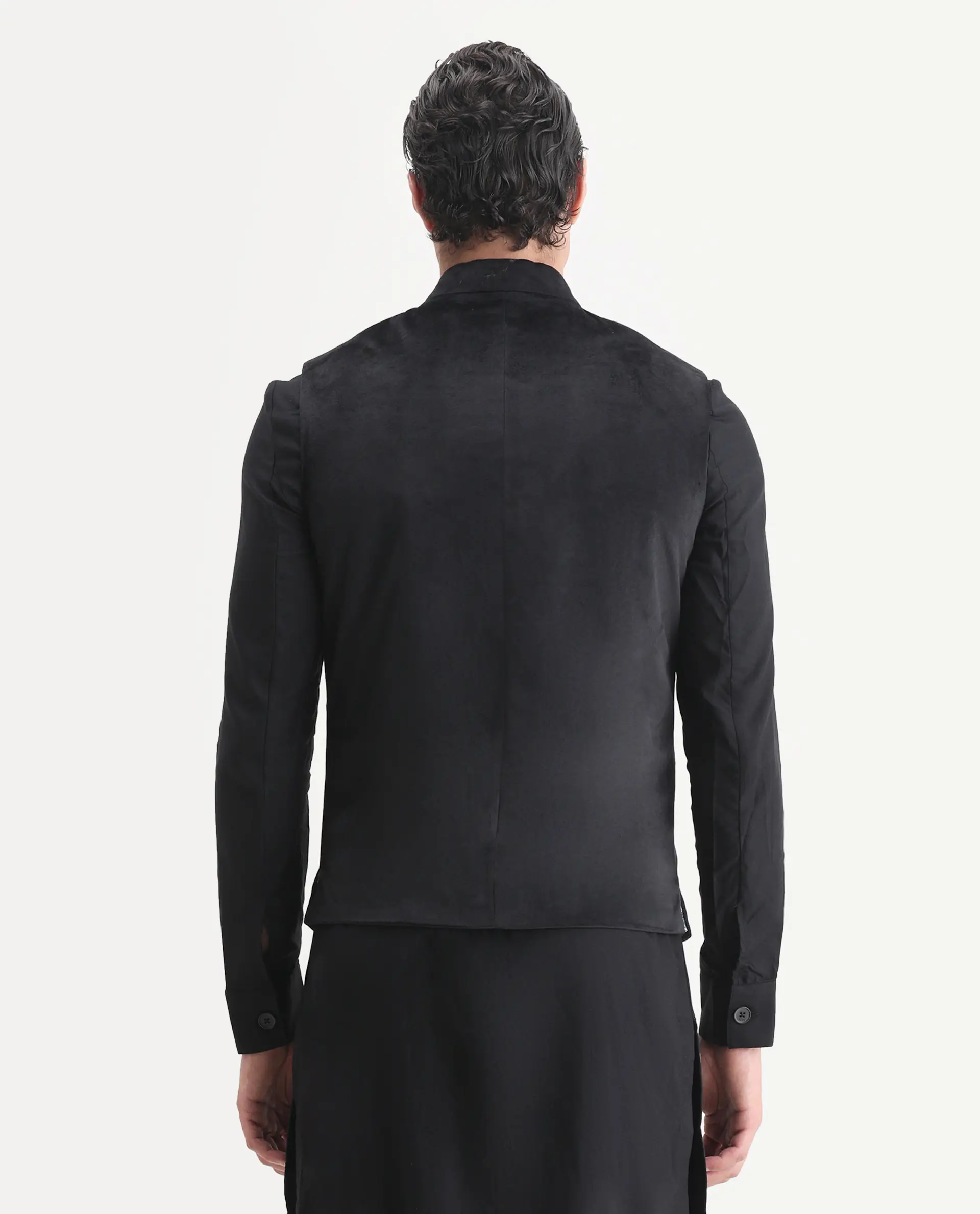 Rare Rabbit Men's Ziva Black Velvet Plain Tailored Fit Sleeveless Mandarin Collar Bandhgala - Image 9