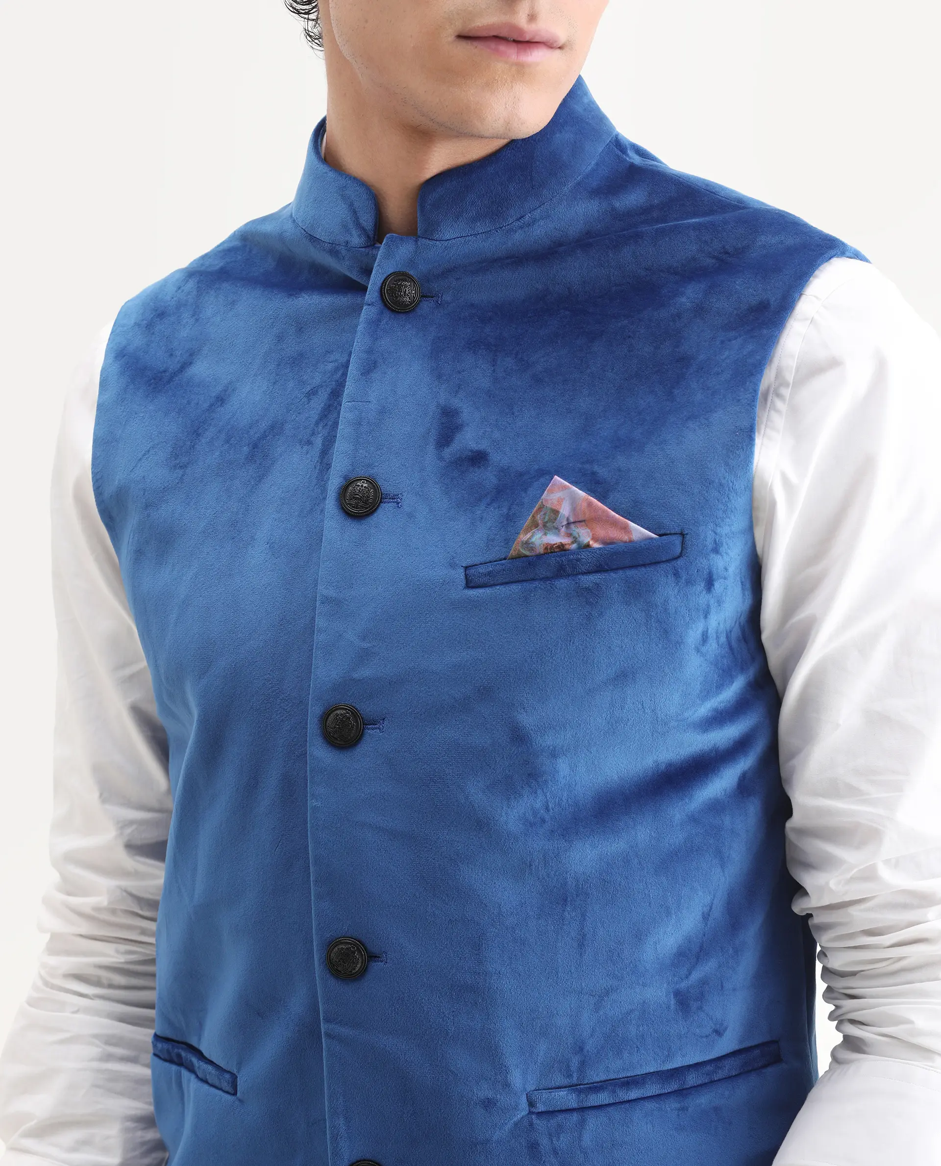 Rare Rabbit Men's Ziva Blue Velvet Plain Tailored Fit Sleeveless Mandarin Collar Bandhgala - Image 3