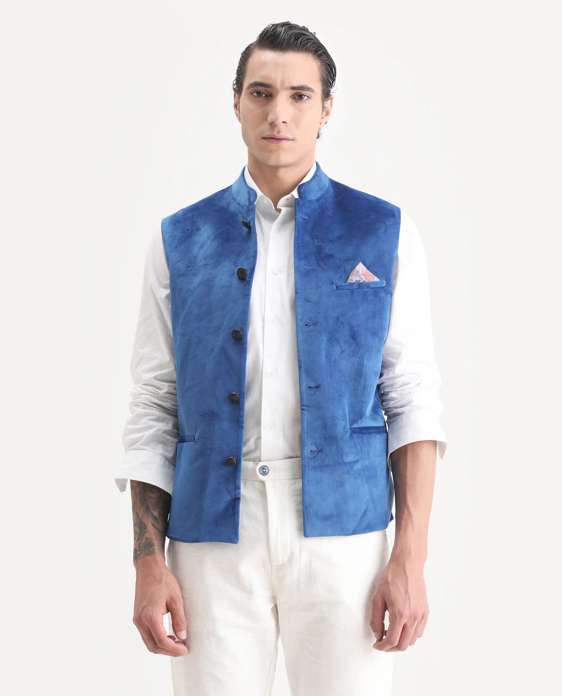 Rare Rabbit Men's Ziva Blue Velvet Plain Tailored Fit Sleeveless Mandarin Collar Bandhgala - Image 4